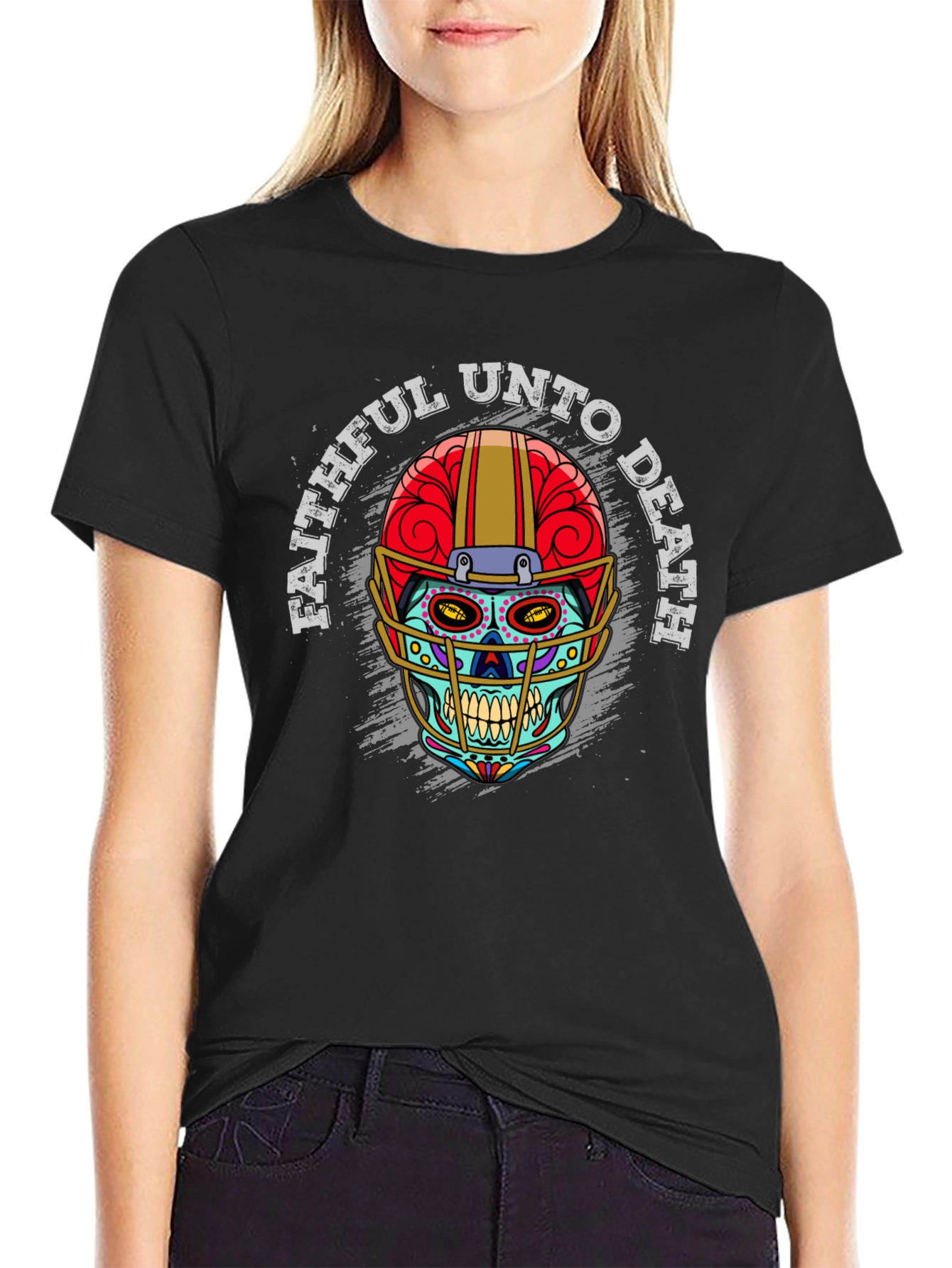 Faithful Unto Death Sugar Skull Football T-Shirt