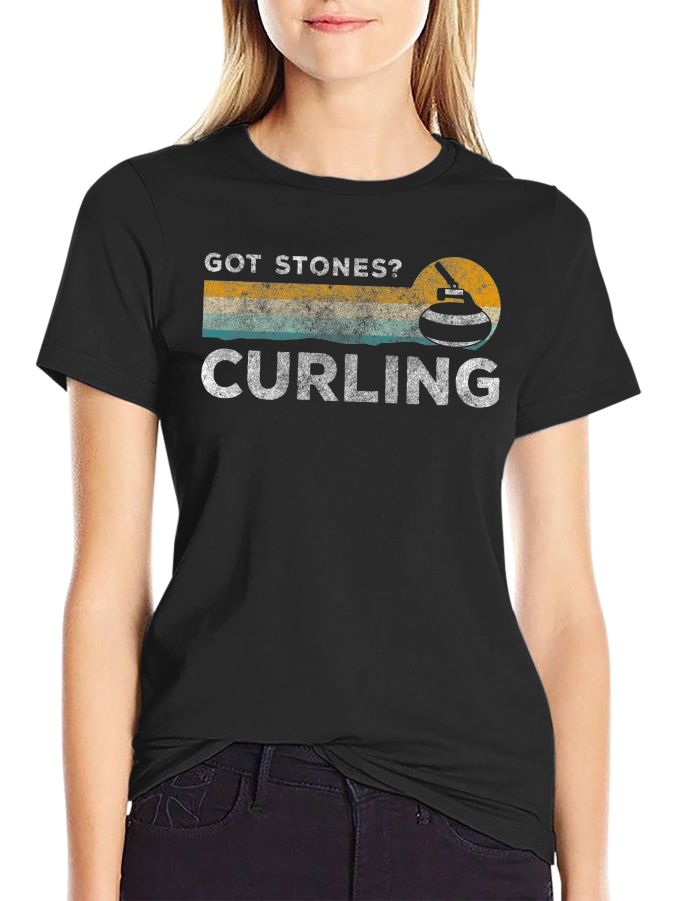 Got Stones? Curling Graphic Tee - Black Cotton T-Shirt