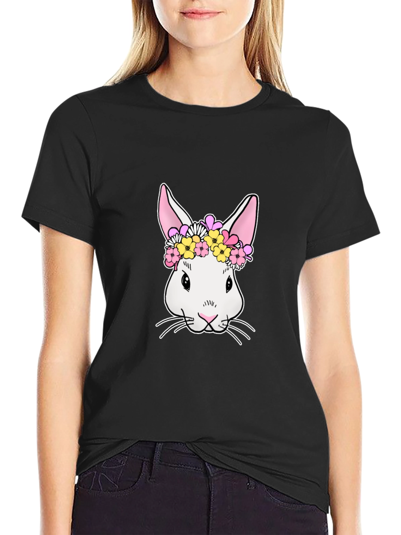 Bunny Flower Crown Graphic Tee - Black T-Shirt