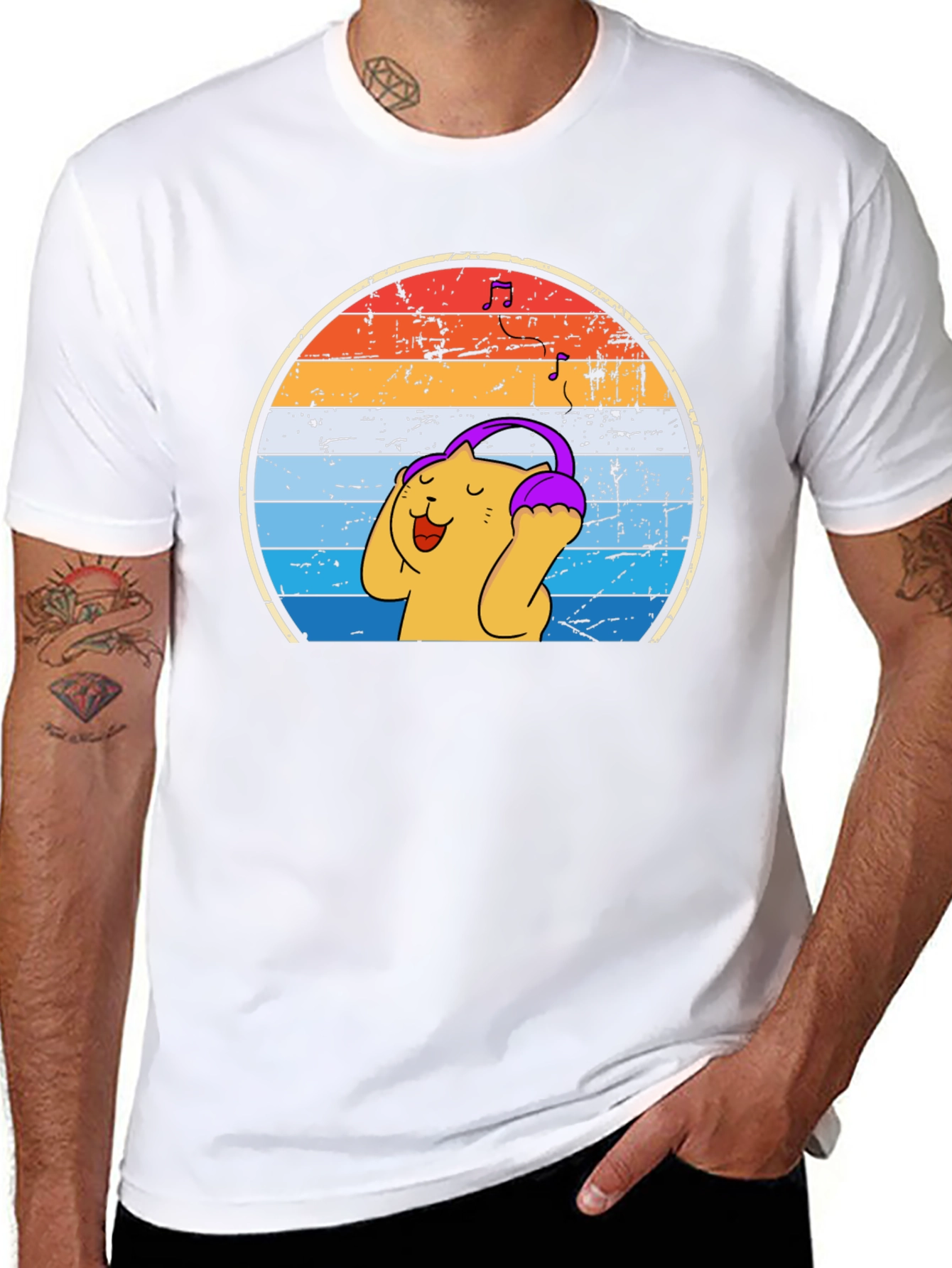 Retro Cat Headphones T-Shirt - Music Lover Tee