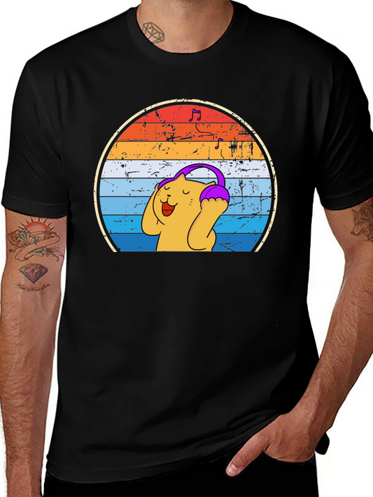 Retro Cat Headphones T-Shirt - Music Lover Tee
