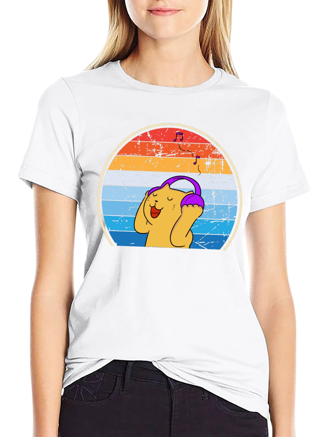 Retro Cat Headphones T-Shirt - Music Lover Tee