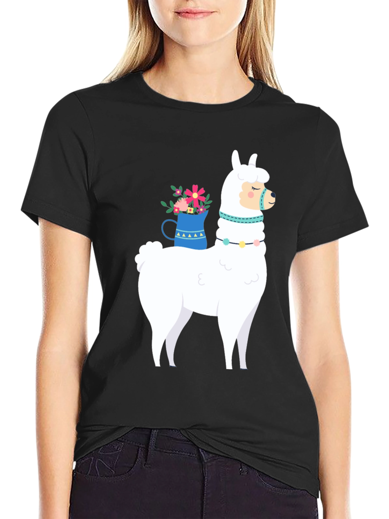 Llama Graphic Tee - Black Cotton Casual T-Shirt