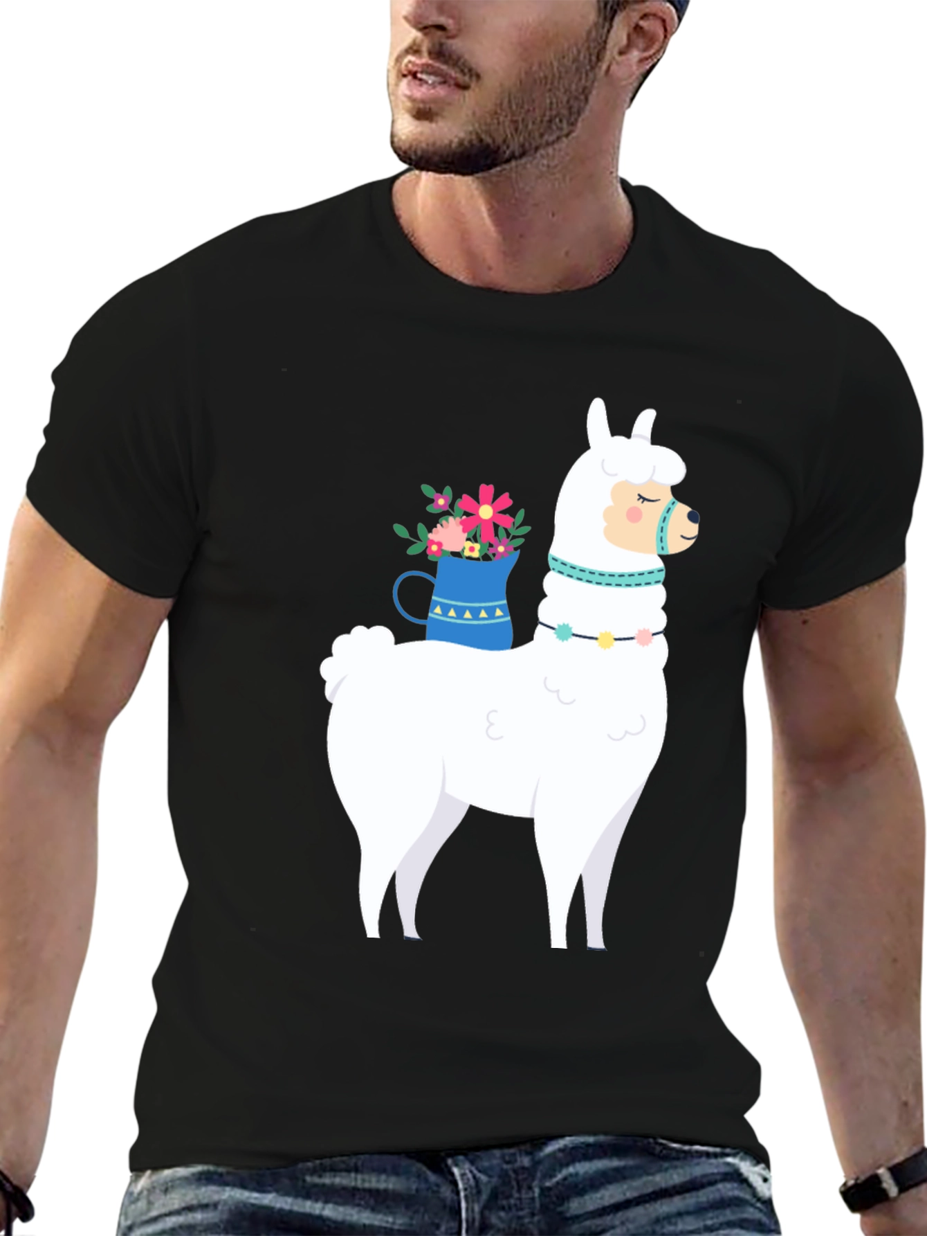 Llama Graphic Tee - Black Cotton Casual T-Shirt