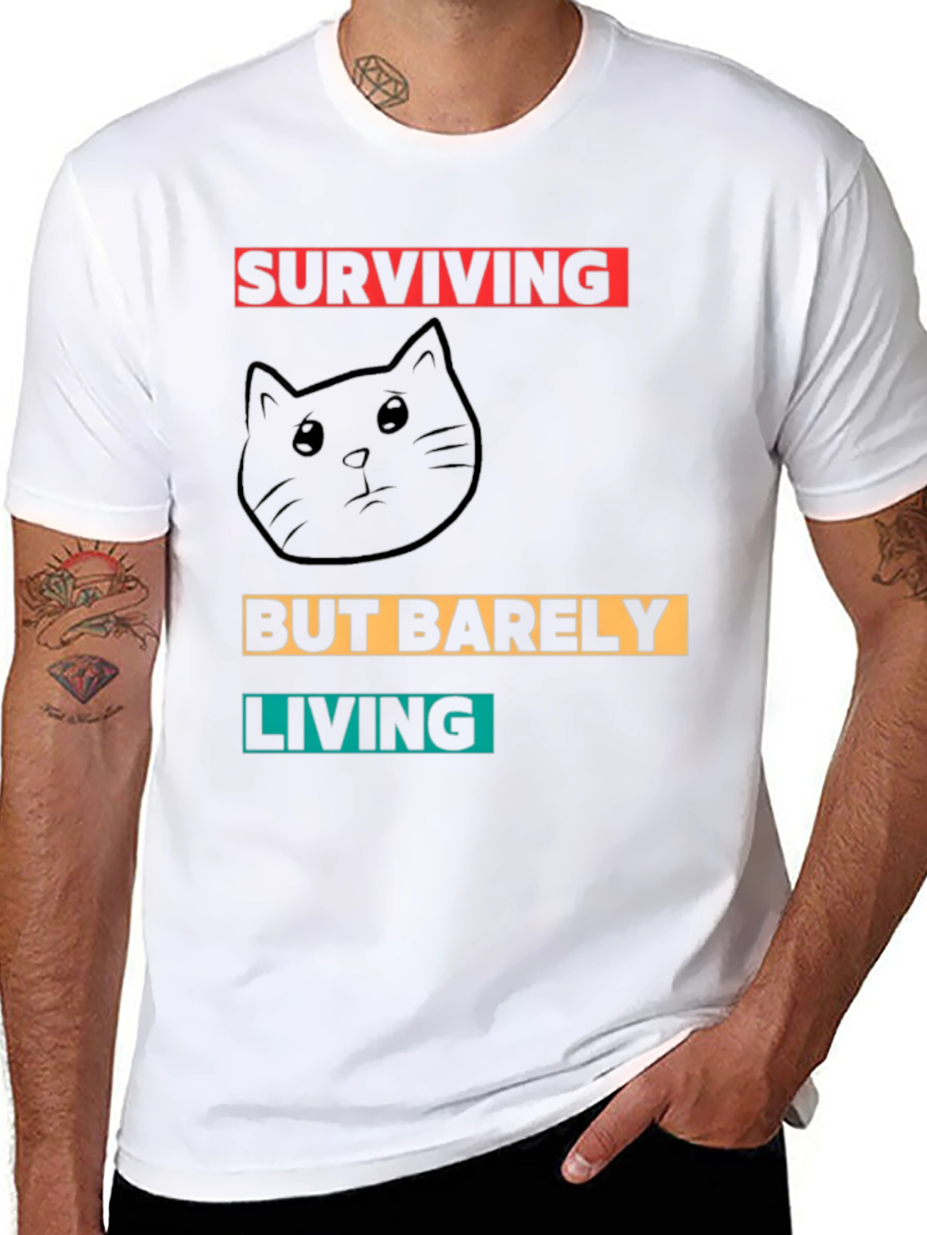 Surviving But Barely Living Cat Graphic T-Shirt