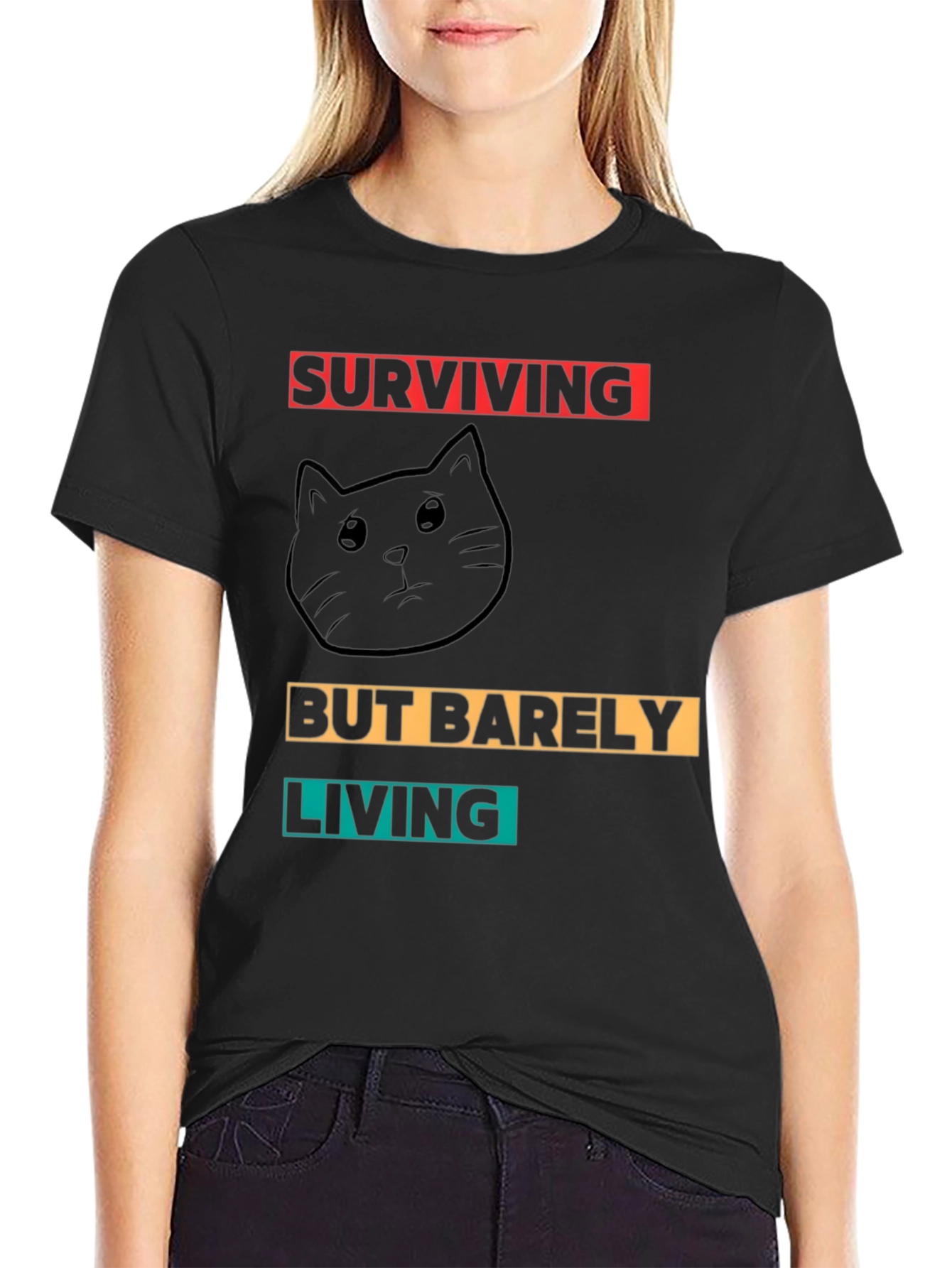 Surviving But Barely Living Cat Graphic T-Shirt