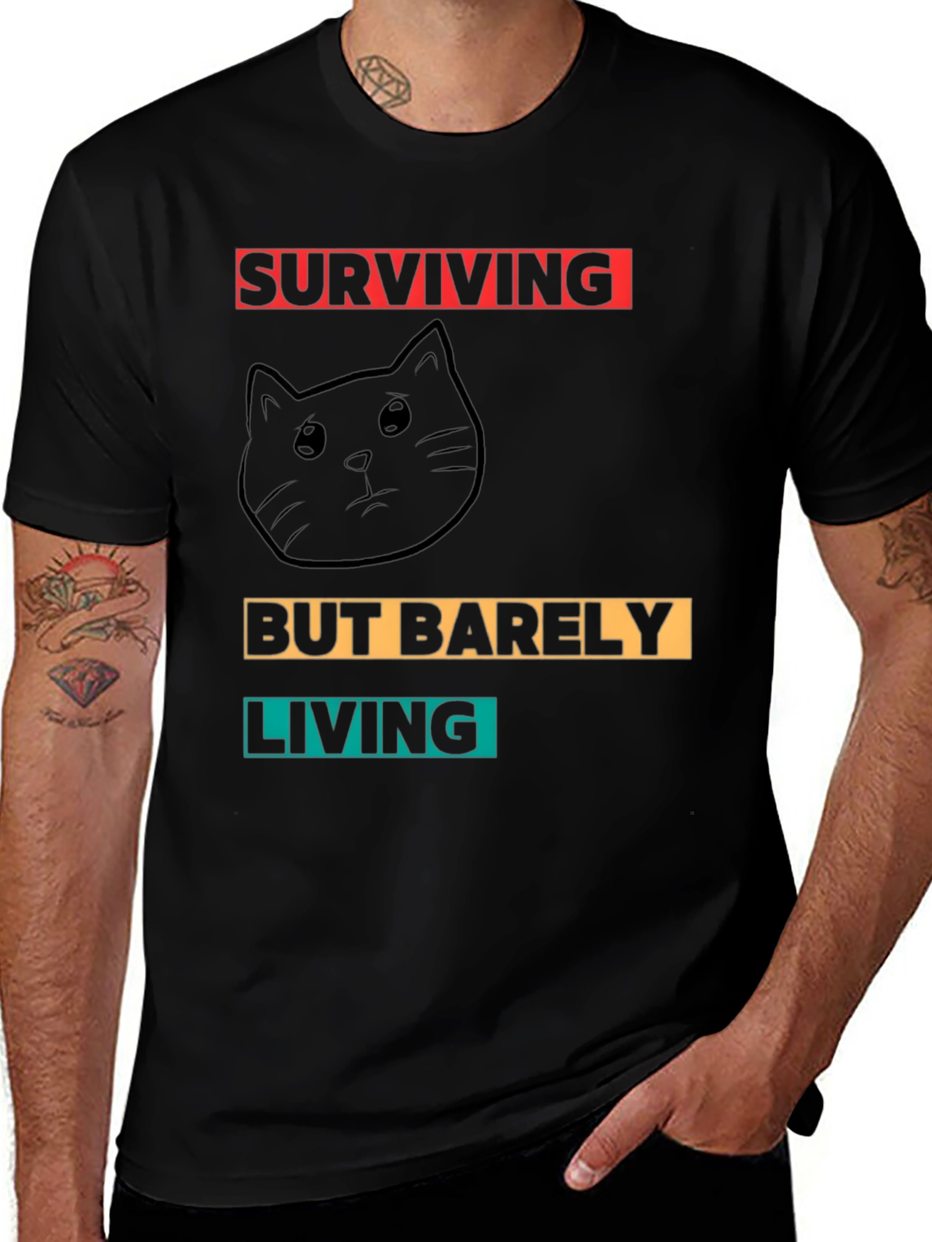 Surviving But Barely Living Cat Graphic T-Shirt