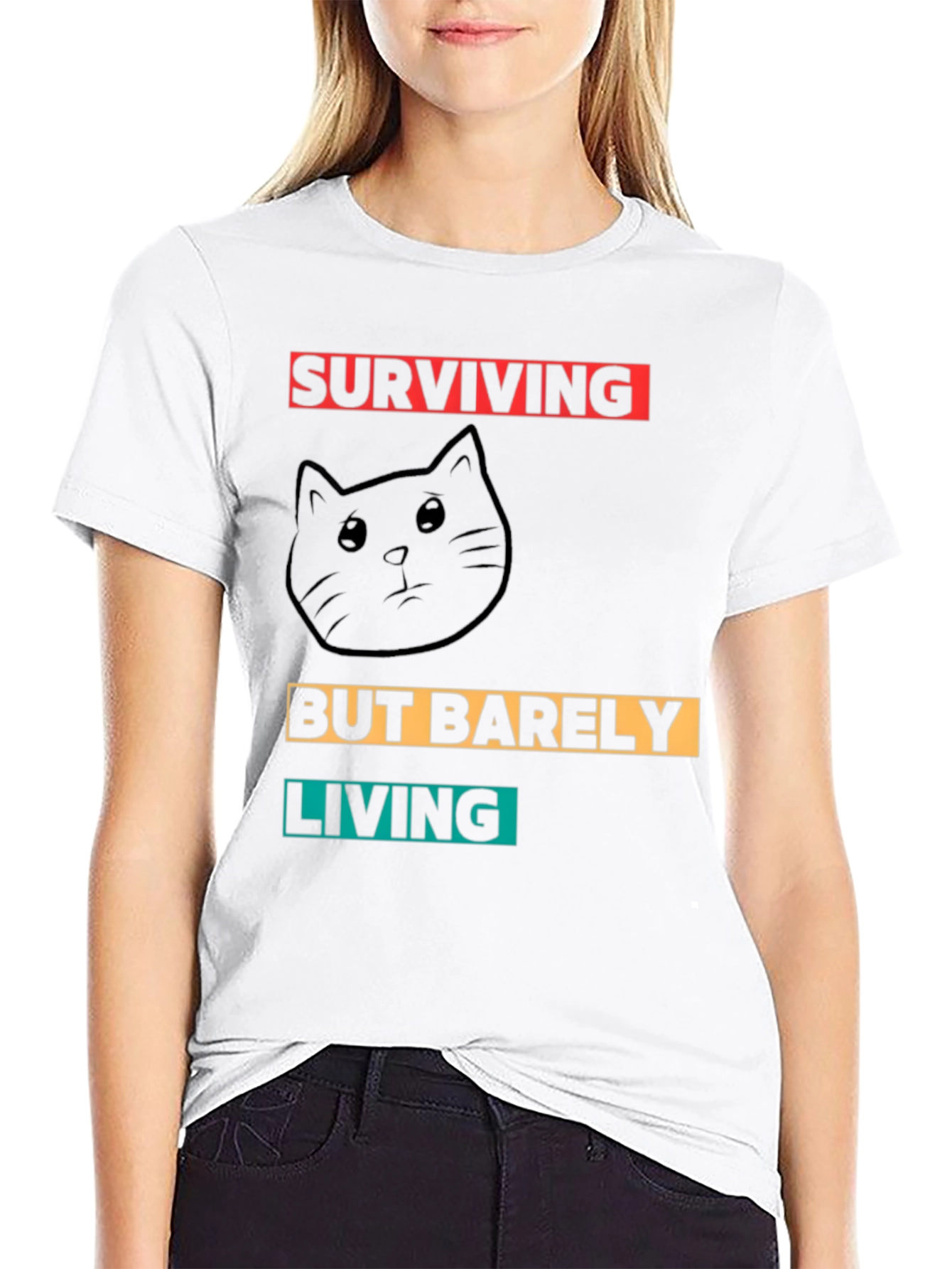 Surviving But Barely Living Cat Graphic T-Shirt