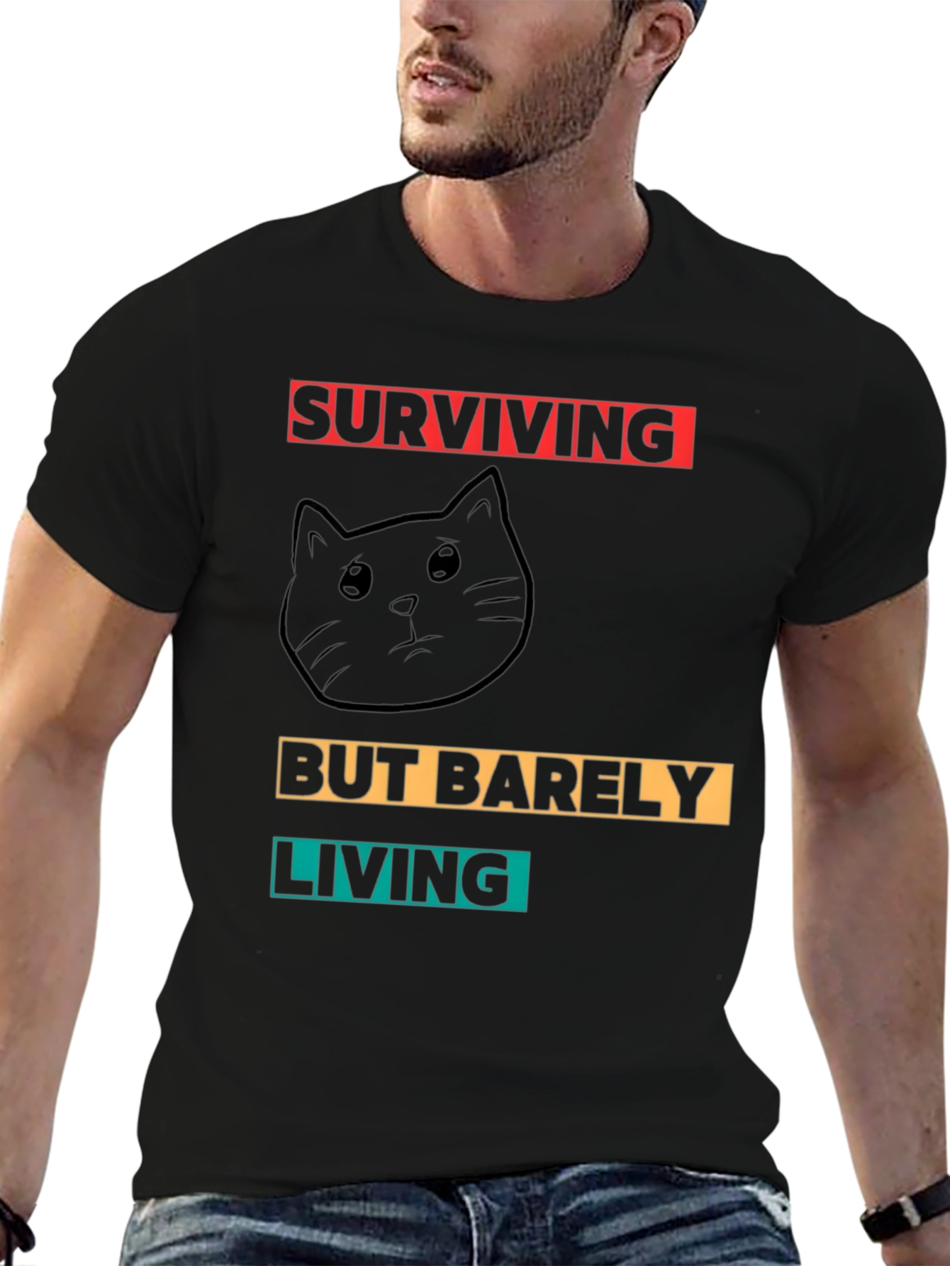 Surviving But Barely Living Cat Graphic T-Shirt
