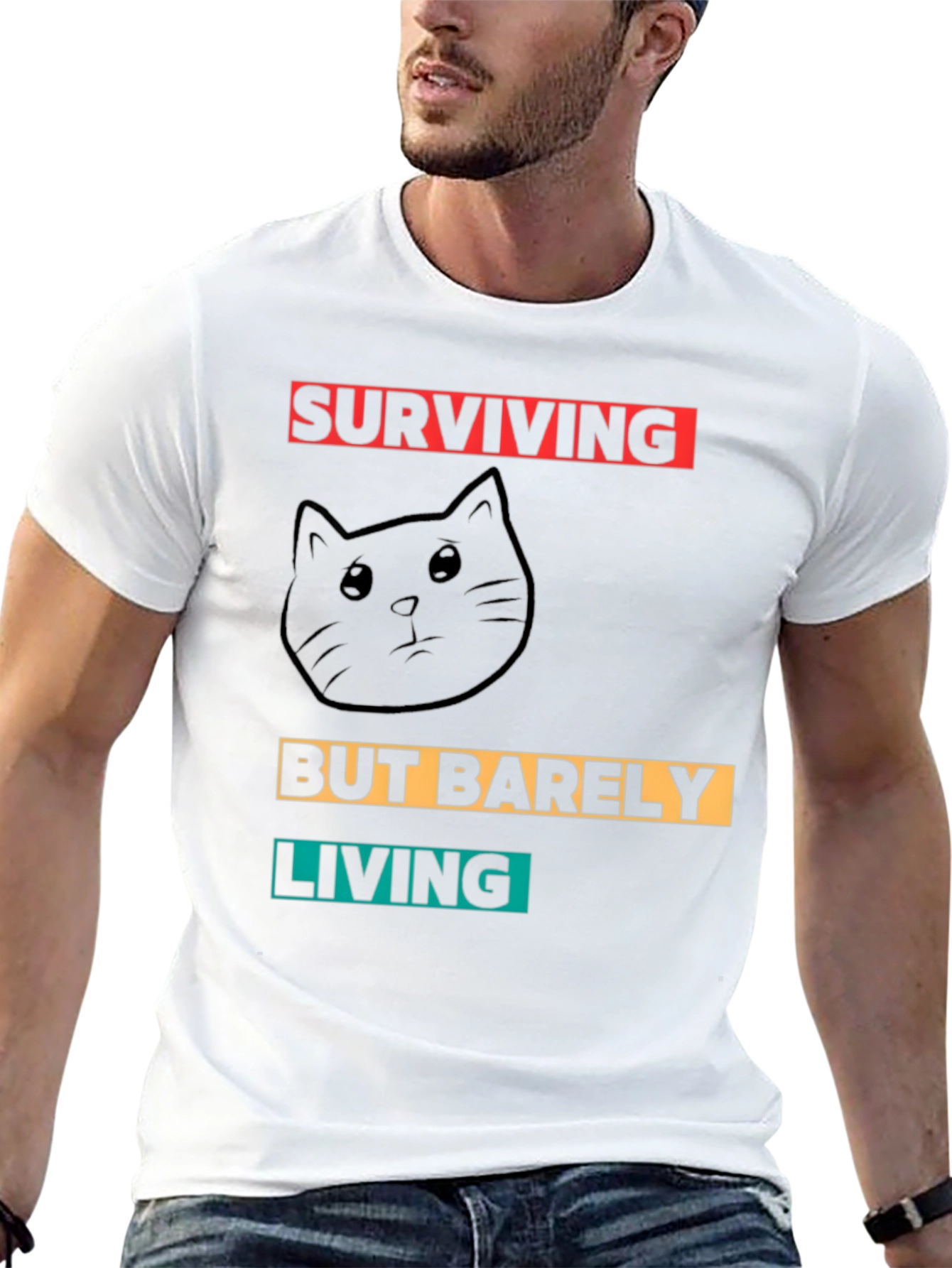 Surviving But Barely Living Cat Graphic T-Shirt