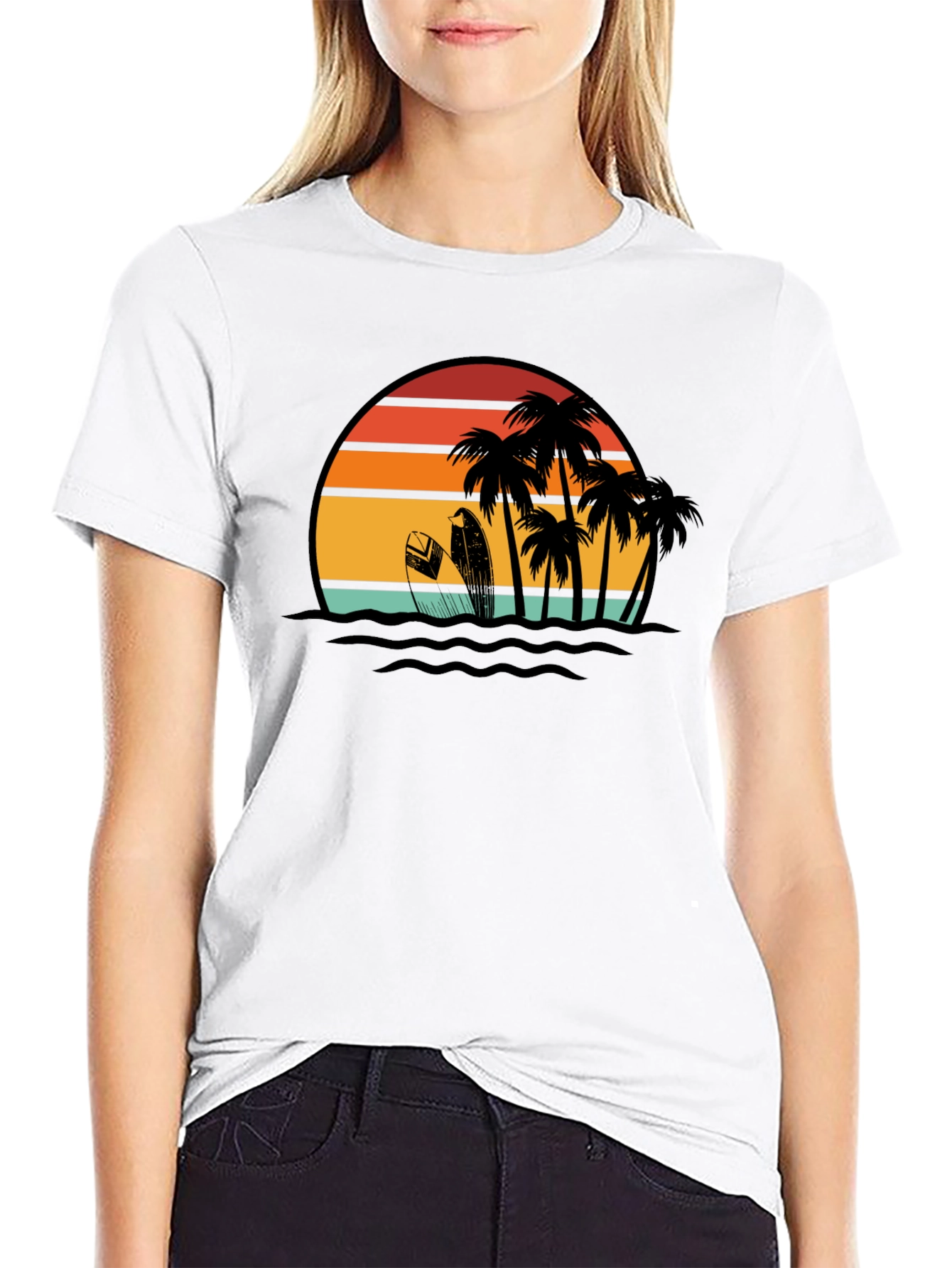 Retro Sunset Surf T-Shirt: Black Tropical Beach Tee