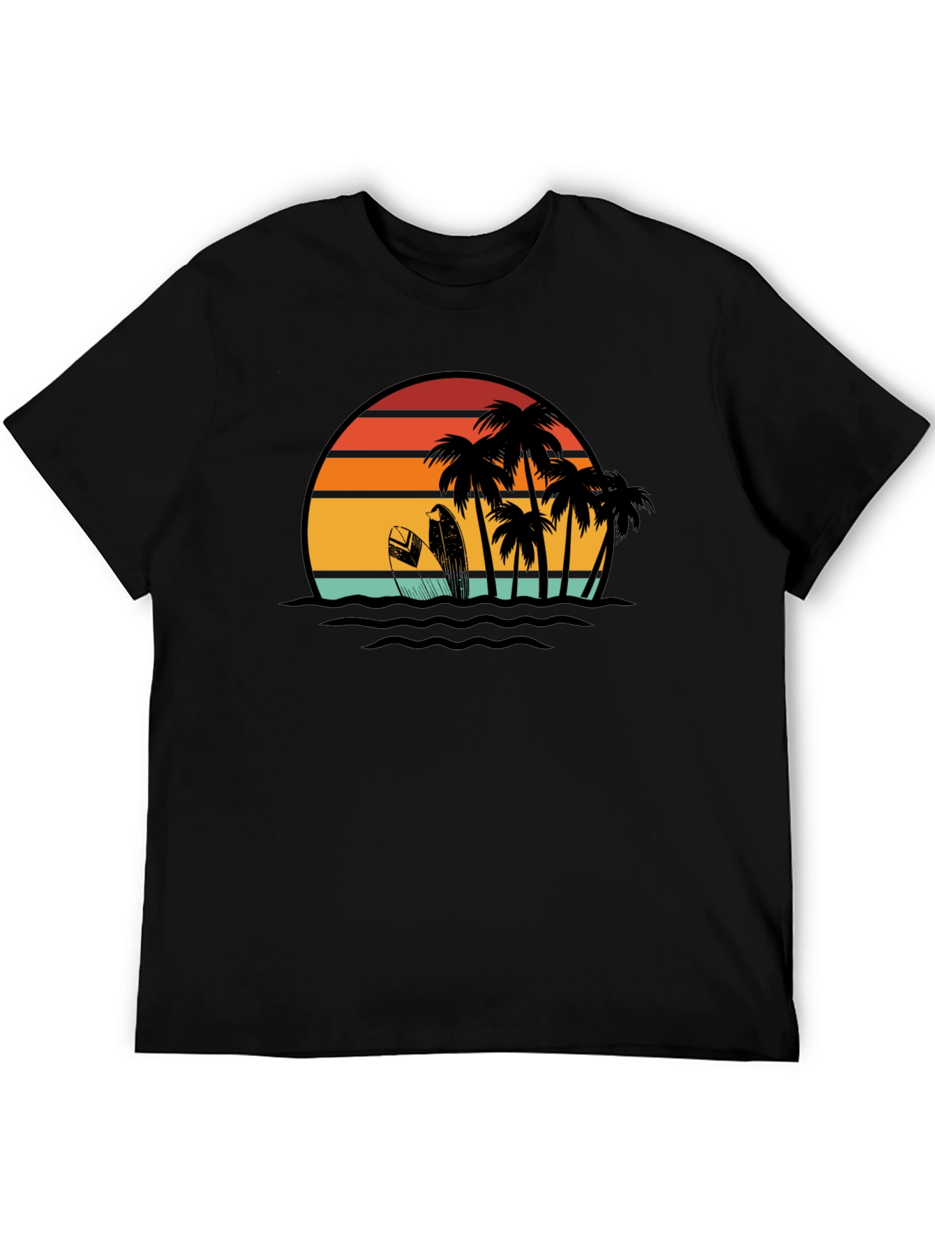 Retro Sunset Surf T-Shirt: Black Tropical Beach Tee
