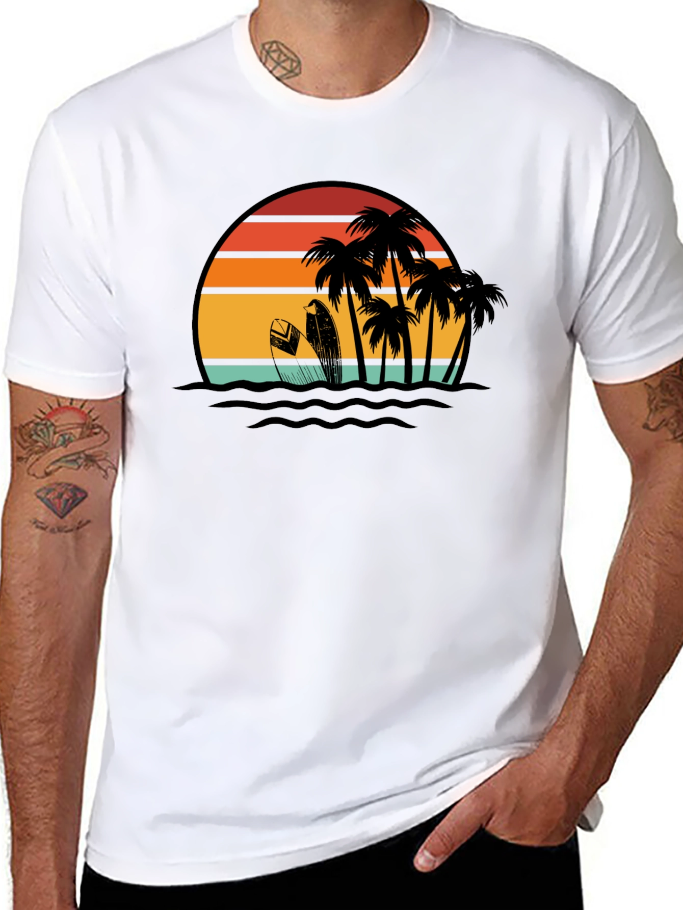 Retro Sunset Surf T-Shirt: Black Tropical Beach Tee