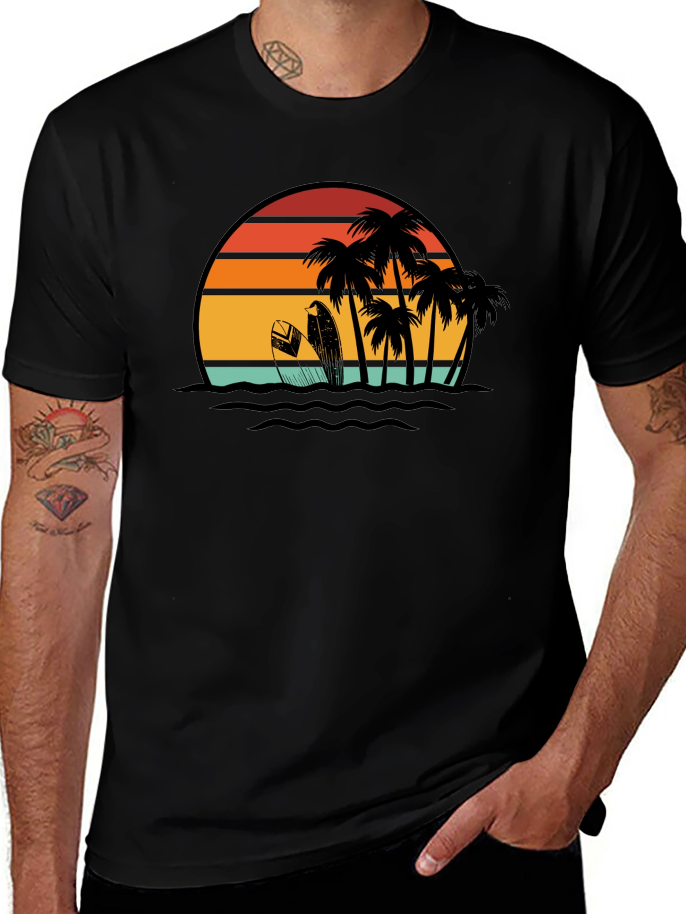 Retro Sunset Surf T-Shirt: Black Tropical Beach Tee