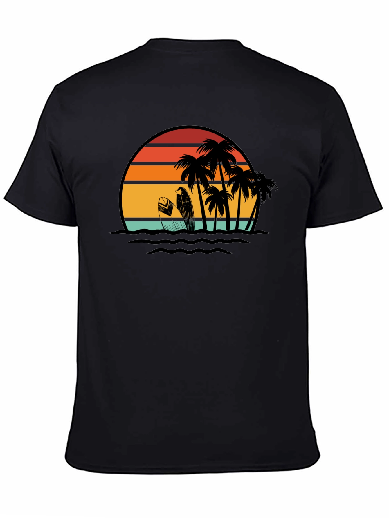 Retro Sunset Surf T-Shirt: Black Tropical Beach Tee
