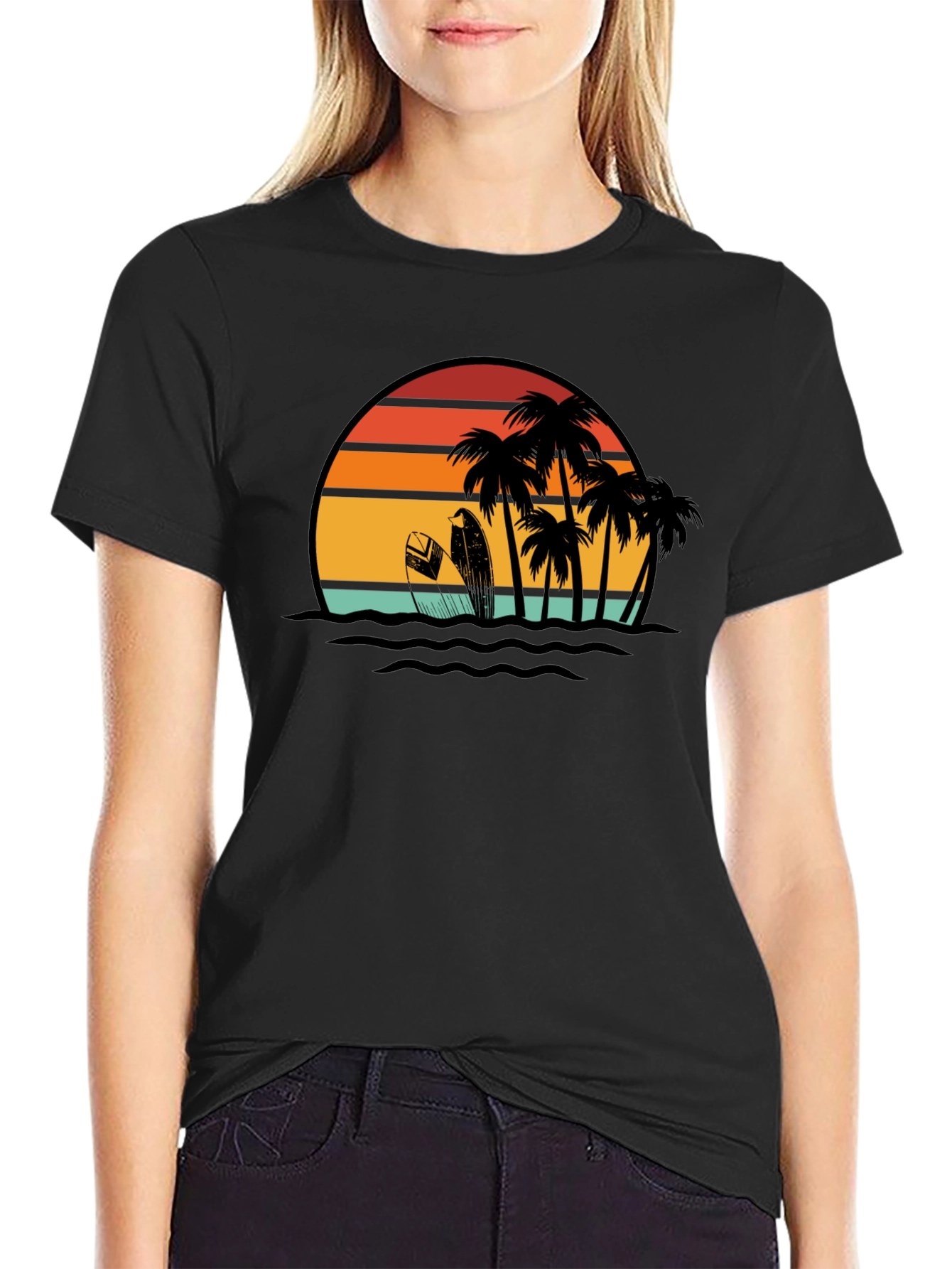 Retro Sunset Surf T-Shirt: Black Tropical Beach Tee