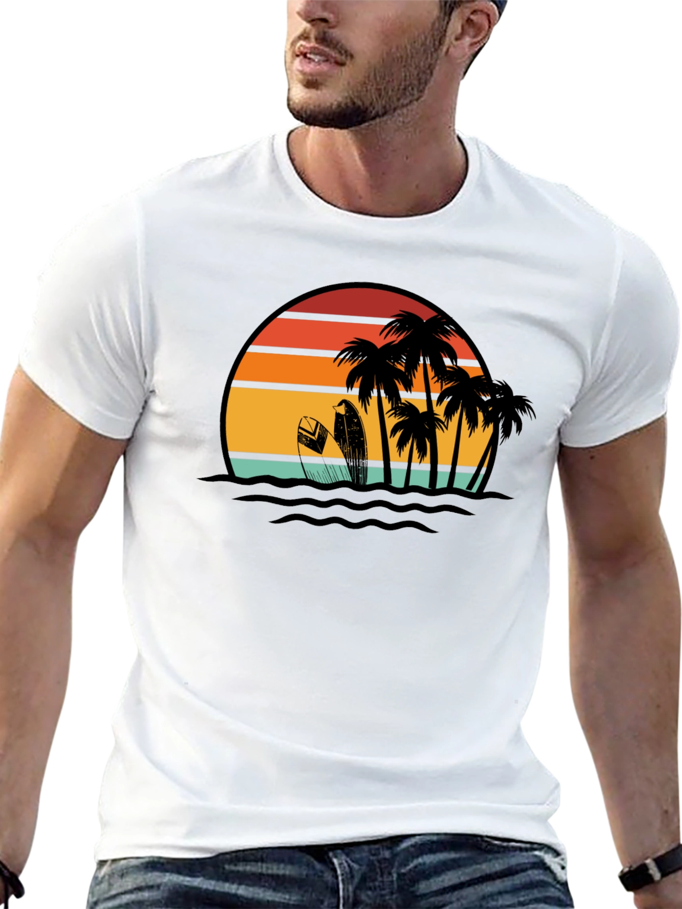 Retro Sunset Surf T-Shirt: Black Tropical Beach Tee