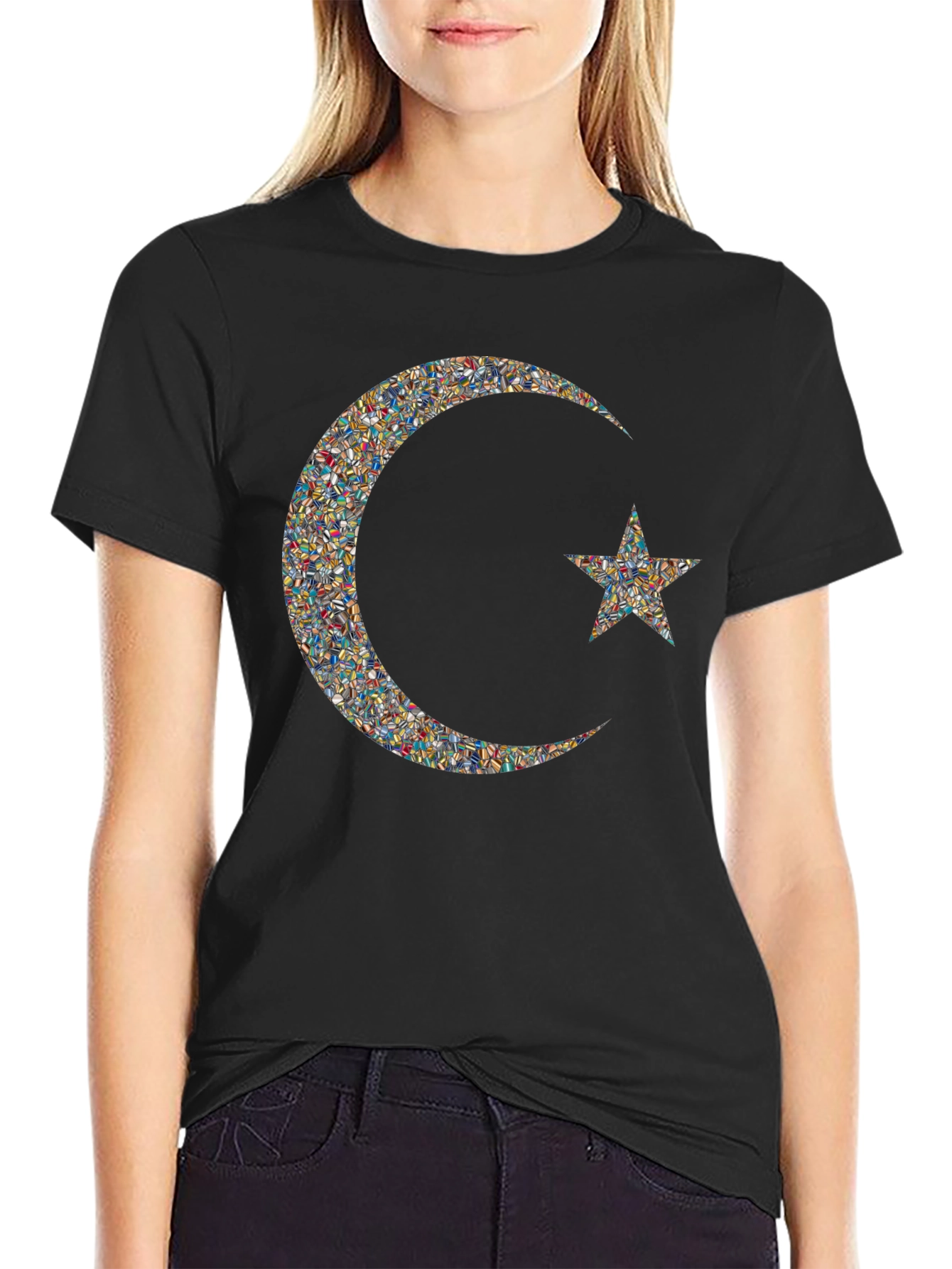 Mosaic Crescent Moon and Star Graphic T-Shirt