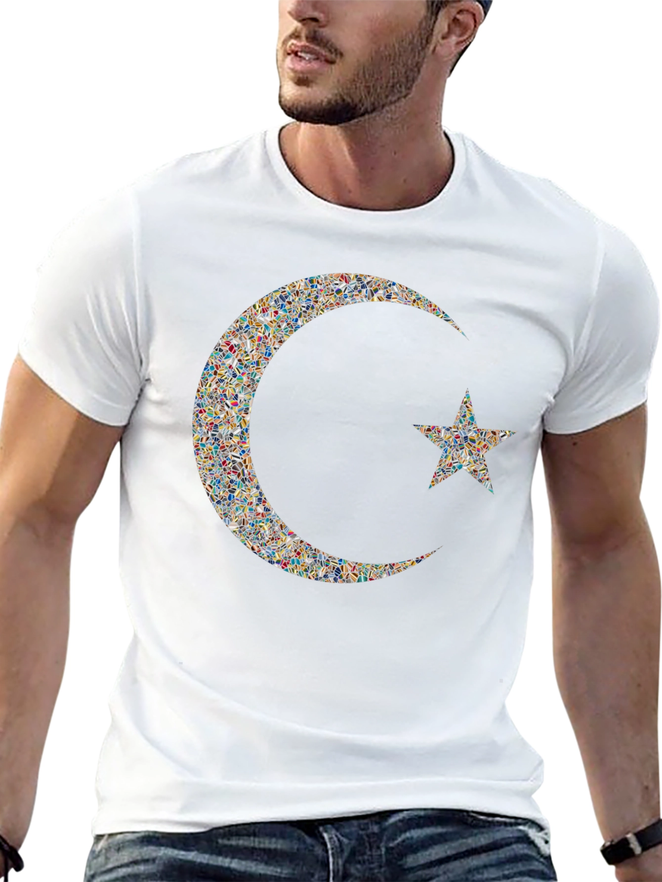 Mosaic Crescent Moon and Star Graphic T-Shirt