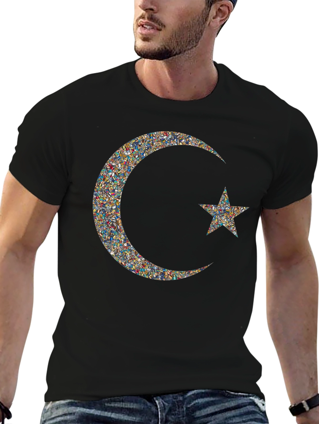 Mosaic Crescent Moon and Star Graphic T-Shirt