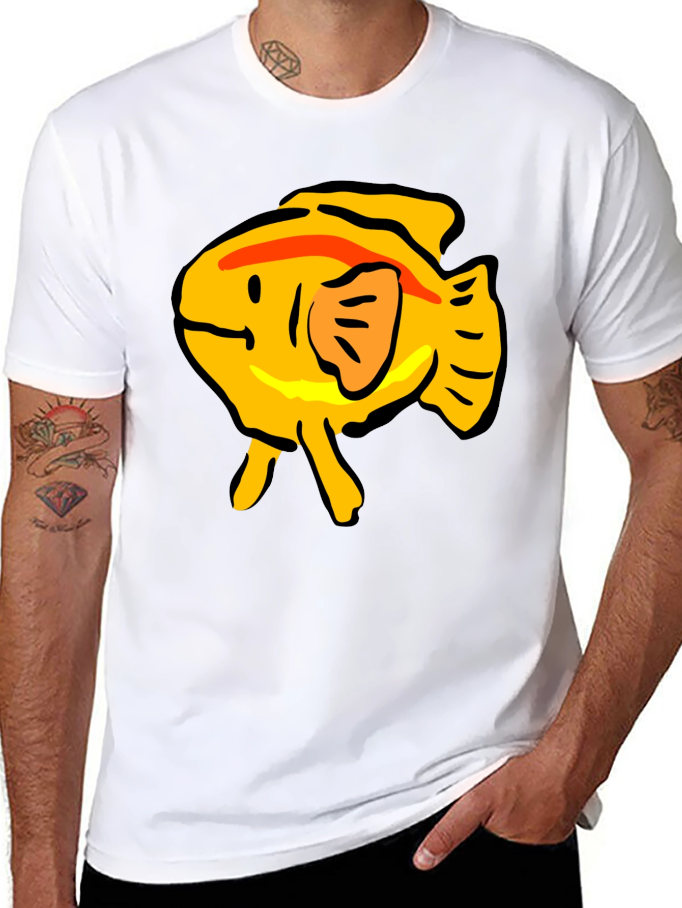 Black T-Shirt with Yellow Cartoon Fish Graphic