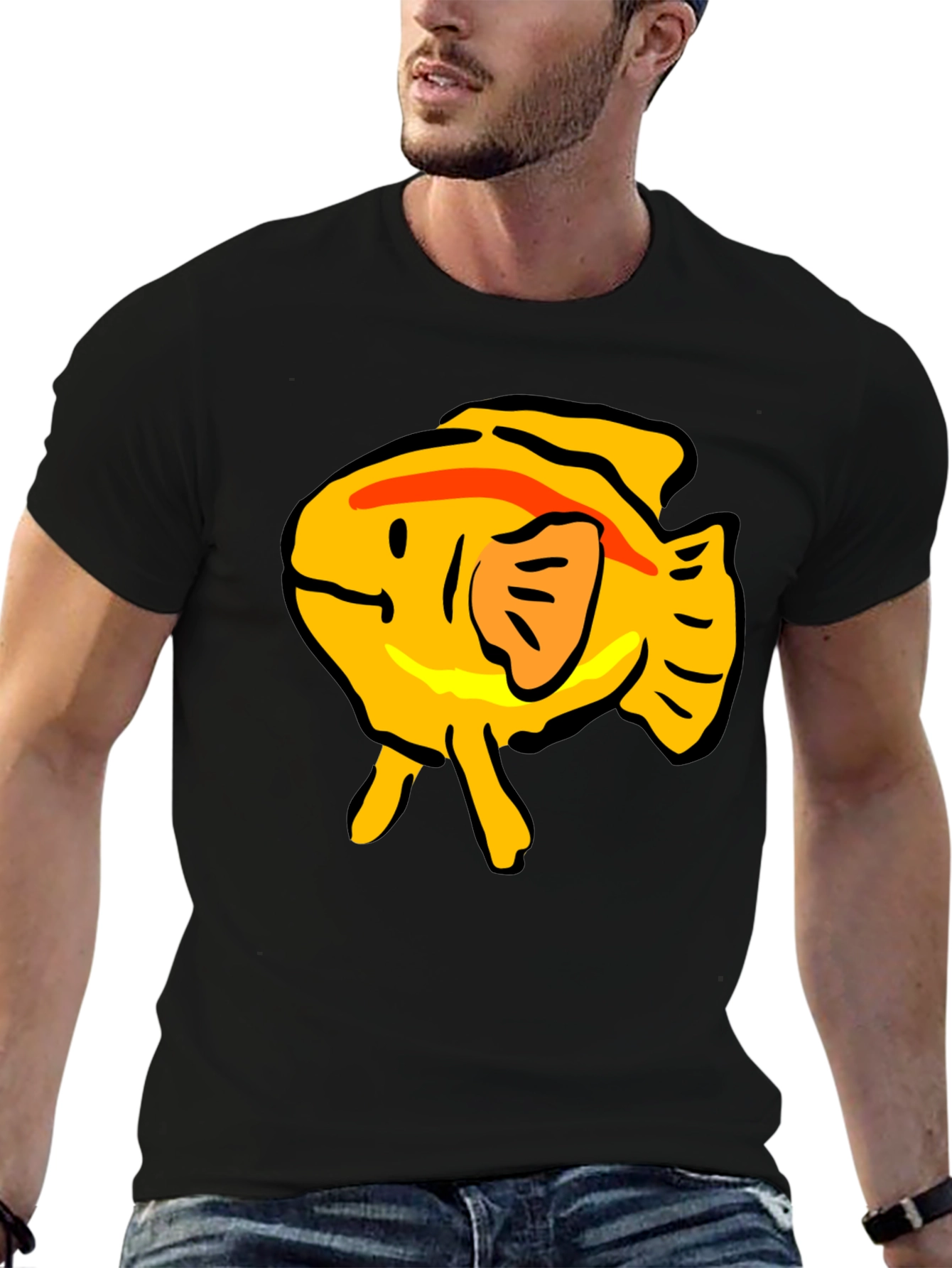 Black T-Shirt with Yellow Cartoon Fish Graphic