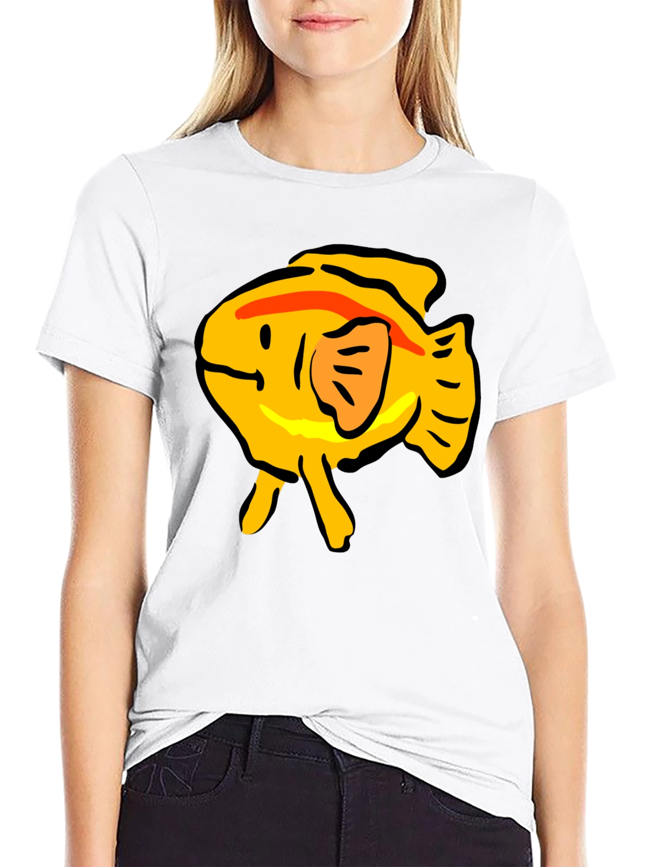 Black T-Shirt with Yellow Cartoon Fish Graphic