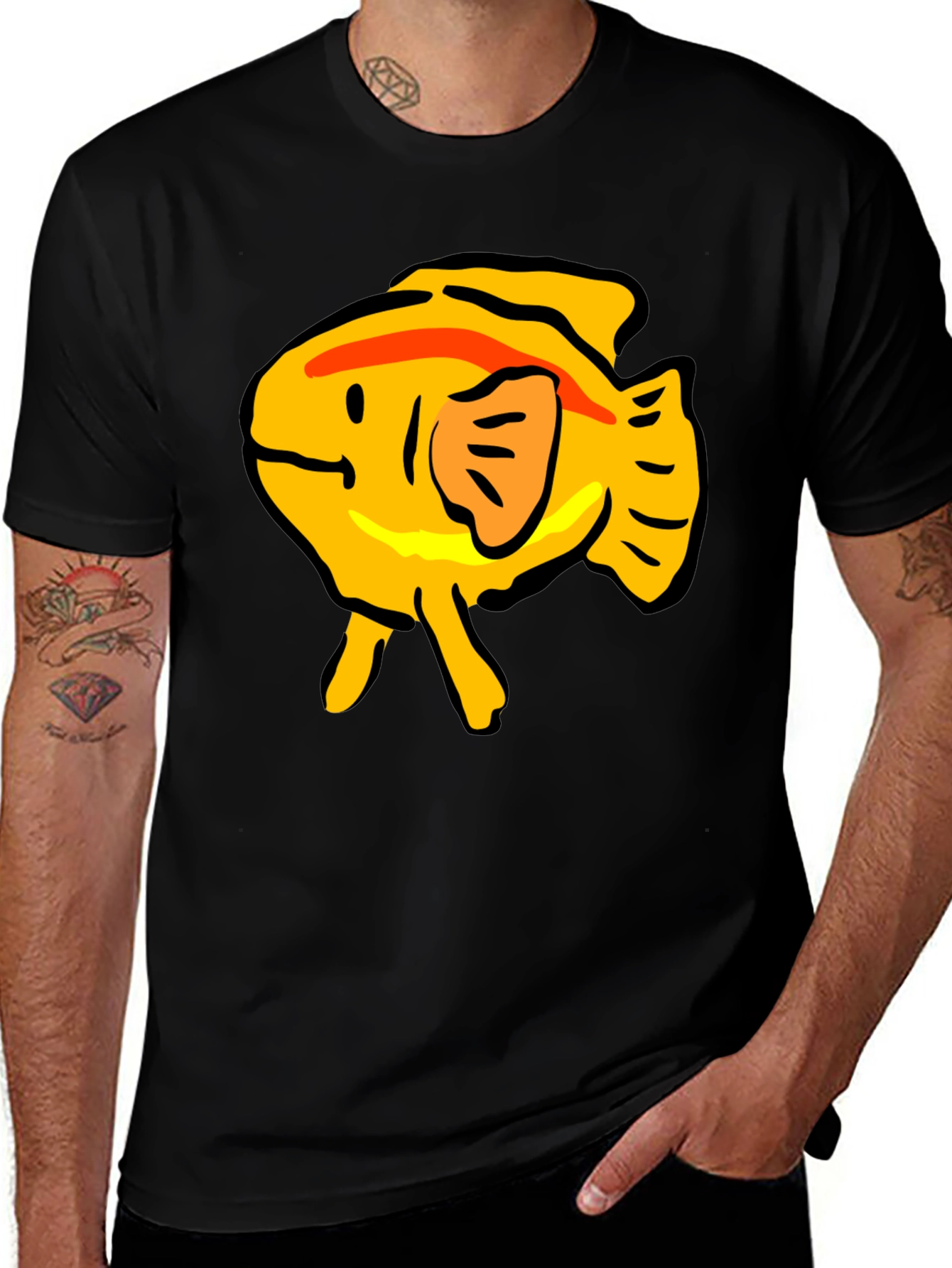 Black T-Shirt with Yellow Cartoon Fish Graphic