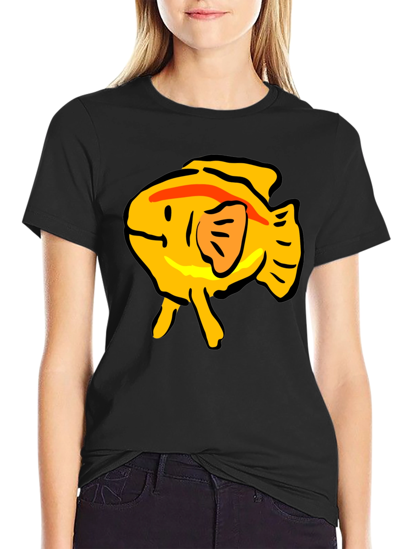 Black T-Shirt with Yellow Cartoon Fish Graphic