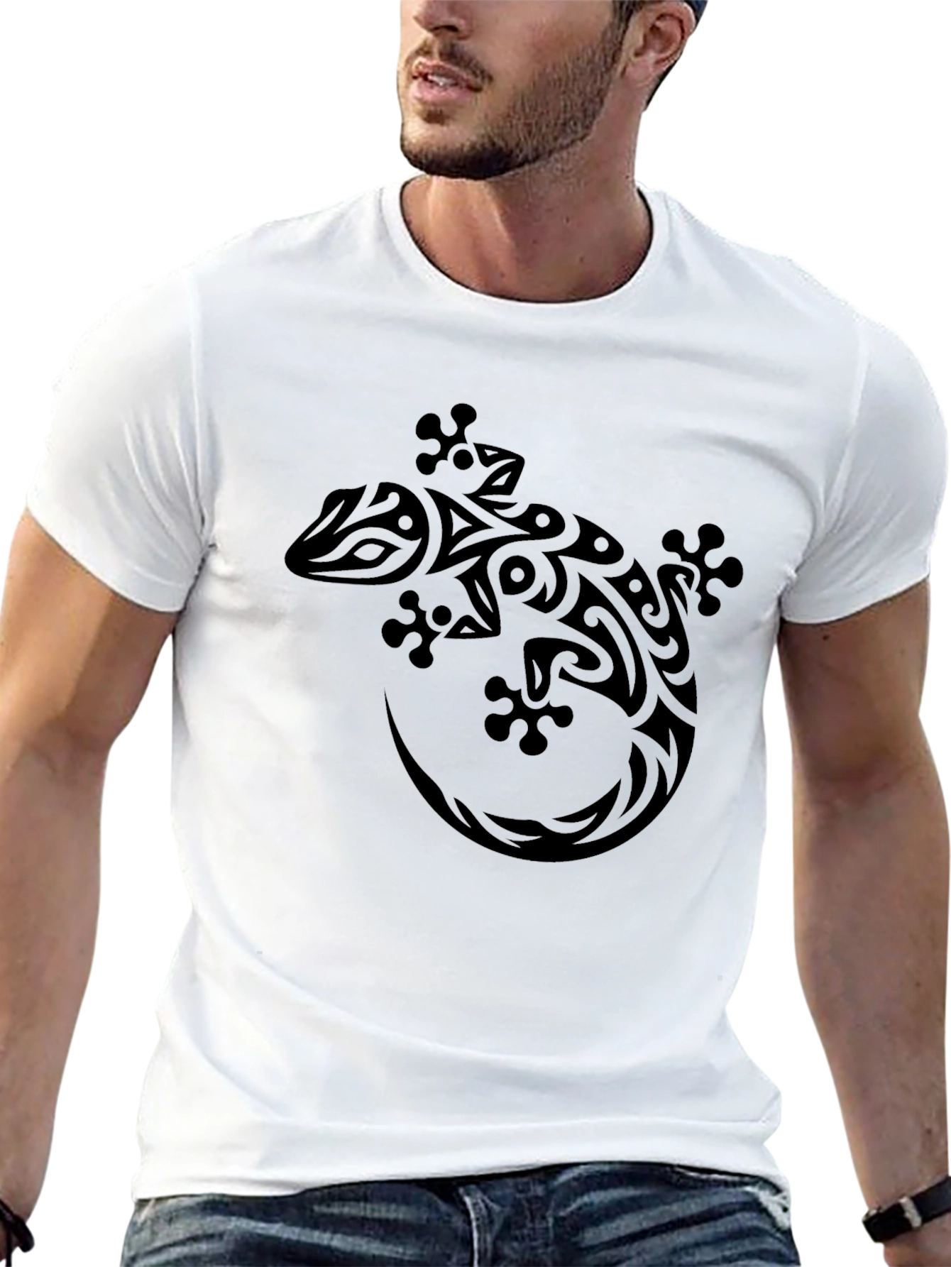 Tribal Gecko Graphic Print Black T-Shirt