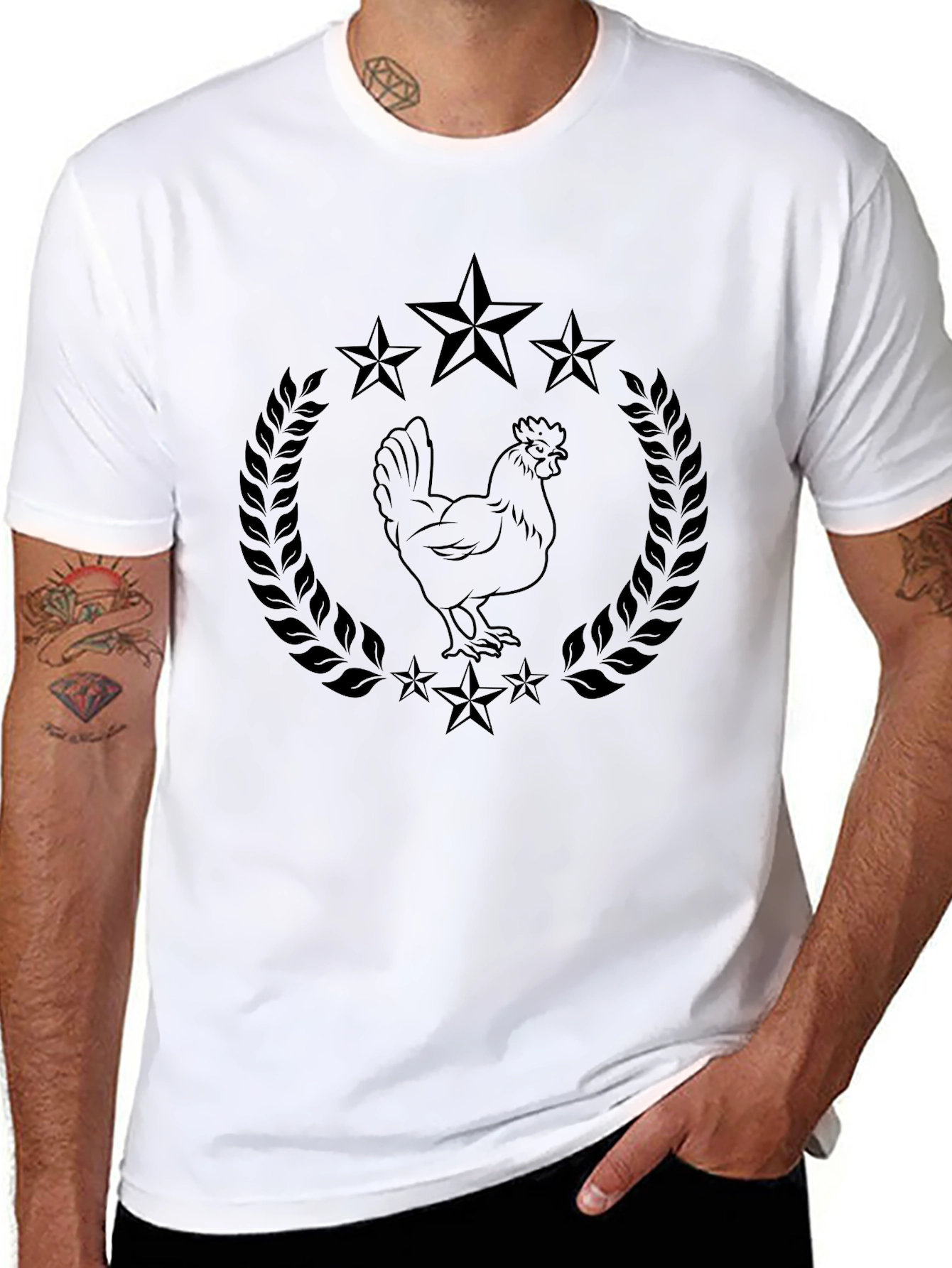 Black Chicken & Star Tee - Unique Graphic T-Shirt
