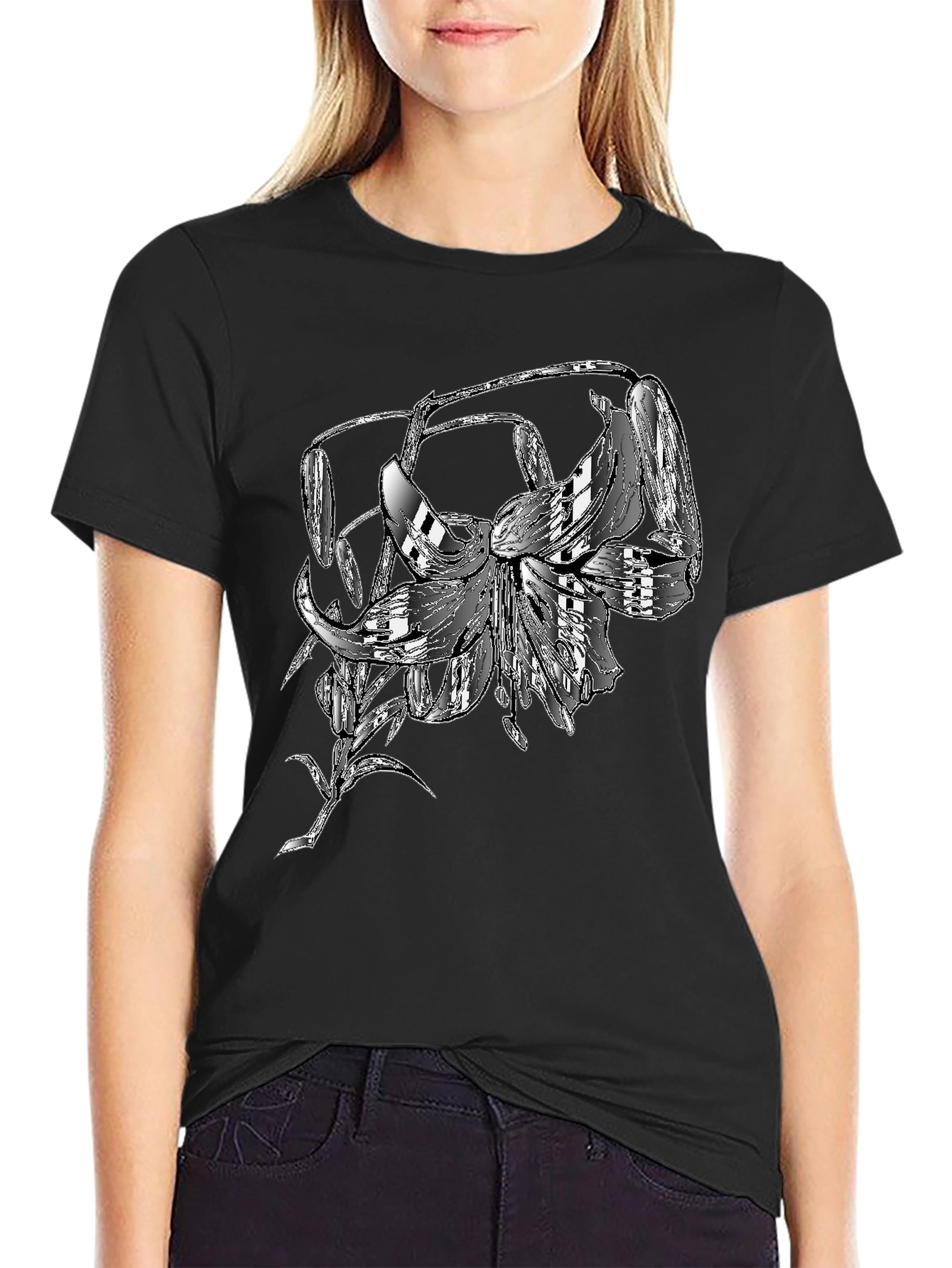 Unique Lily Flower Graphic T-Shirt - Black Cotton Tee