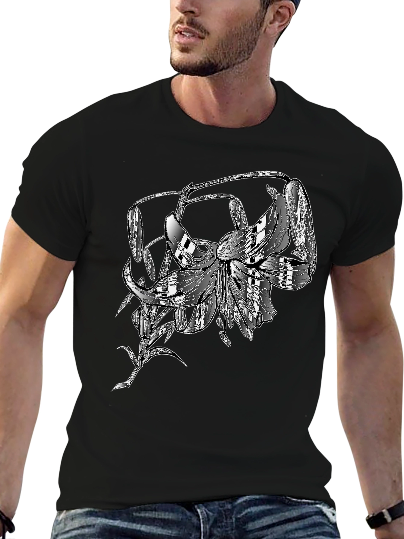 Unique Lily Flower Graphic T-Shirt - Black Cotton Tee