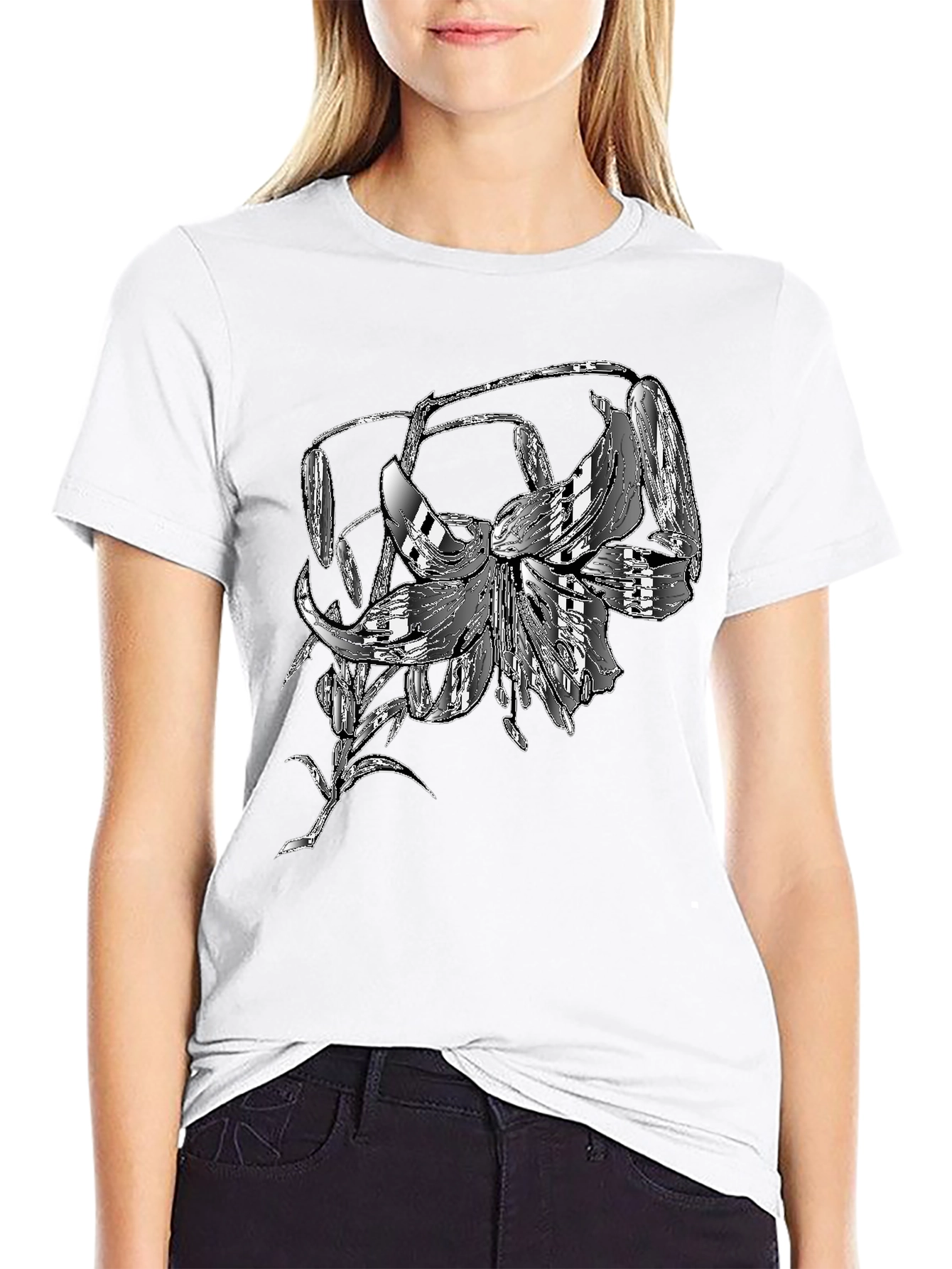 Unique Lily Flower Graphic T-Shirt - Black Cotton Tee