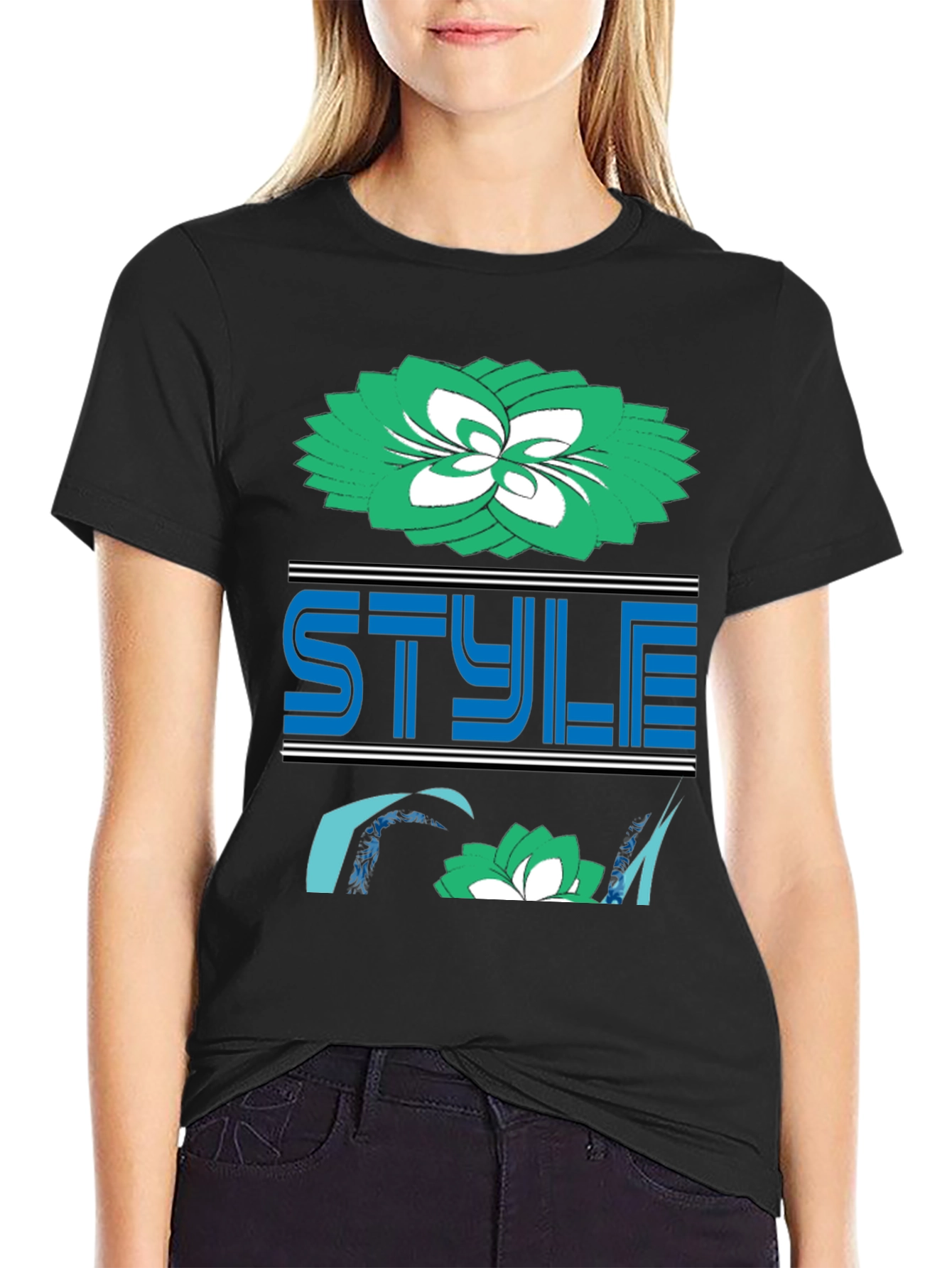 Stylish Black Tee with Floral and Style Design