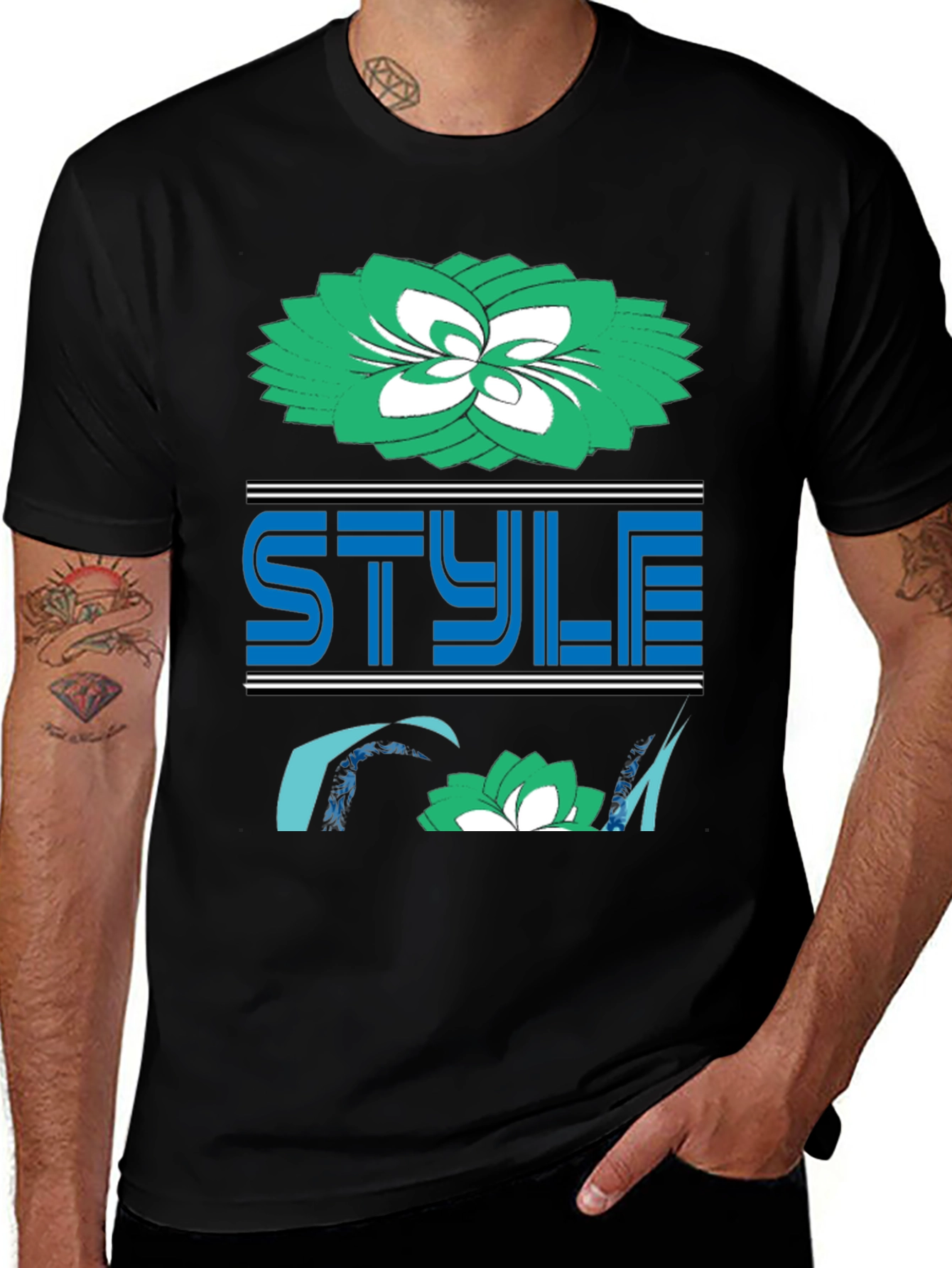 Stylish Black Tee with Floral and Style Design