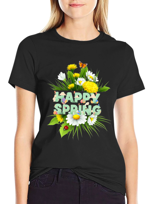 Happy Spring Floral Graphic Black T-Shirt