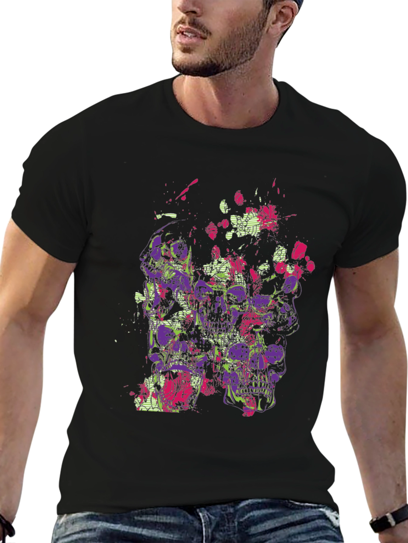 Skull Floral Graphic Mens Black T-Shirt