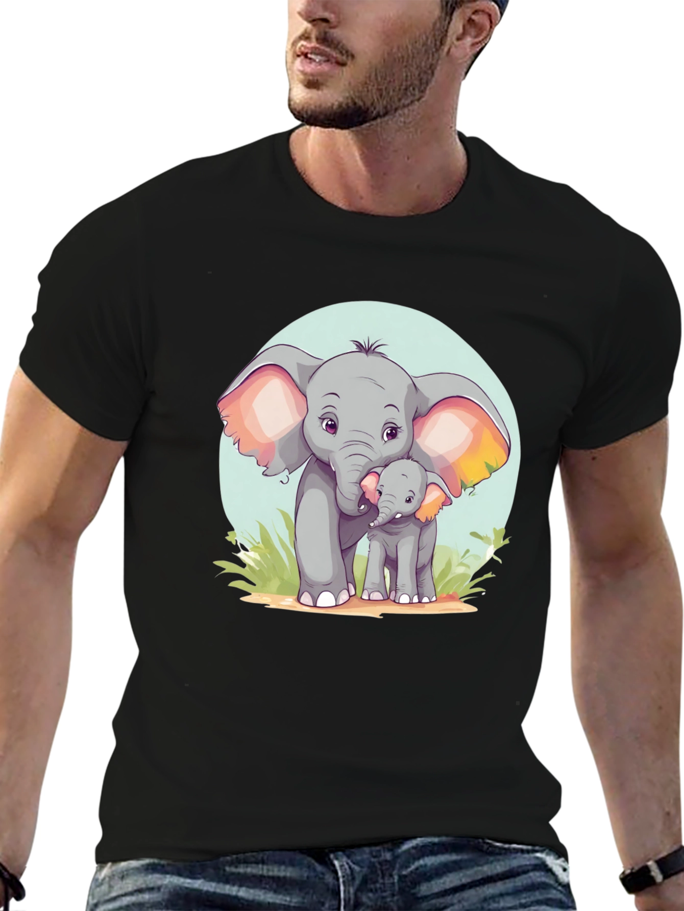 Cute Elephant Family Graphic Tee - Unisex Black T-Shirt
