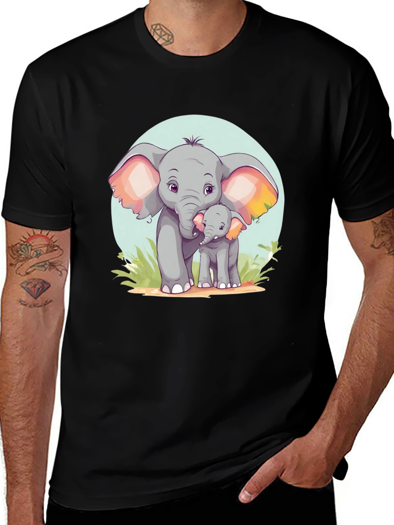 Cute Elephant Family Graphic Tee - Unisex Black T-Shirt