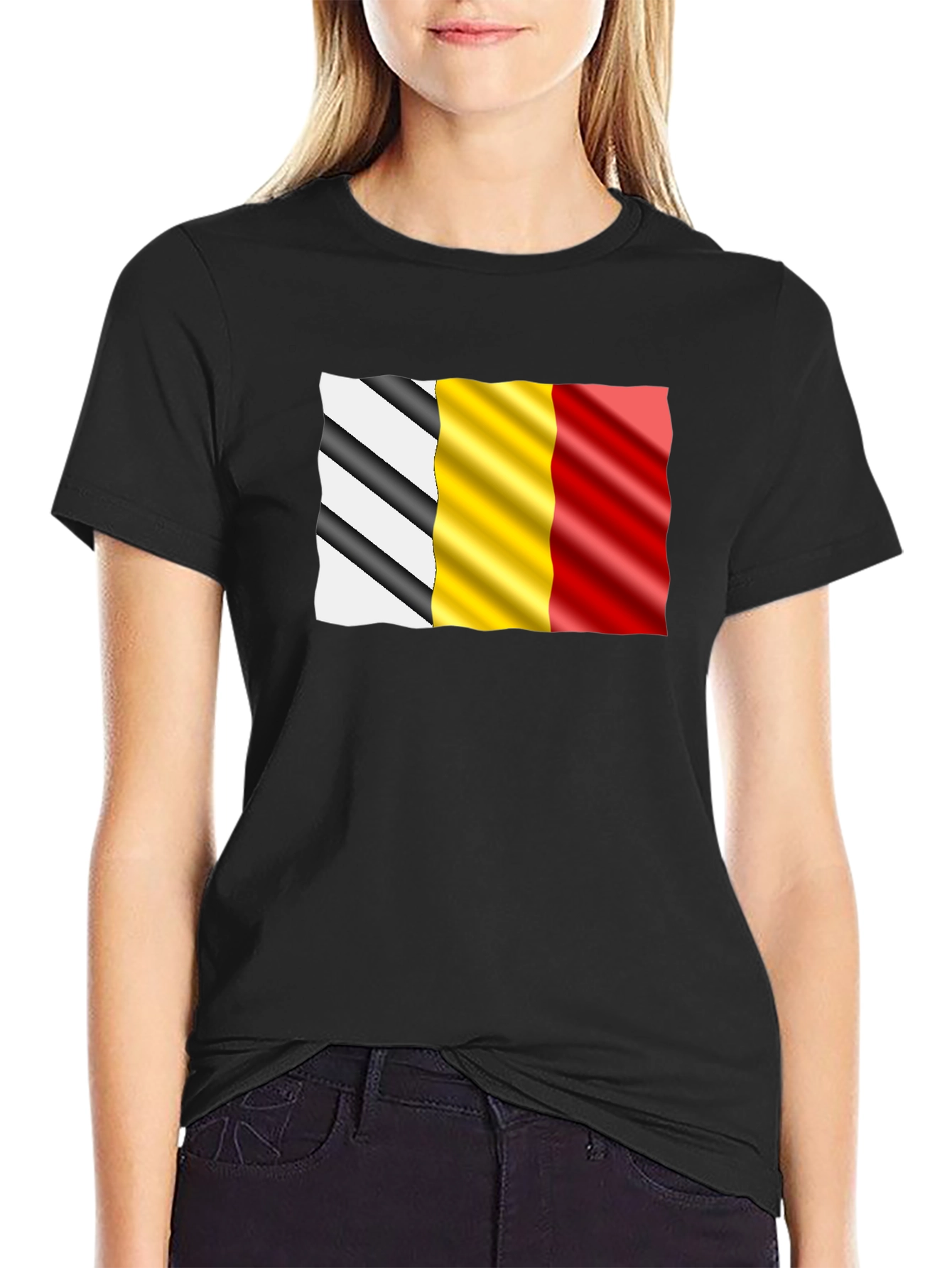 Wavy Belgium Flag Graphic Tee - Black Cotton T-Shirt