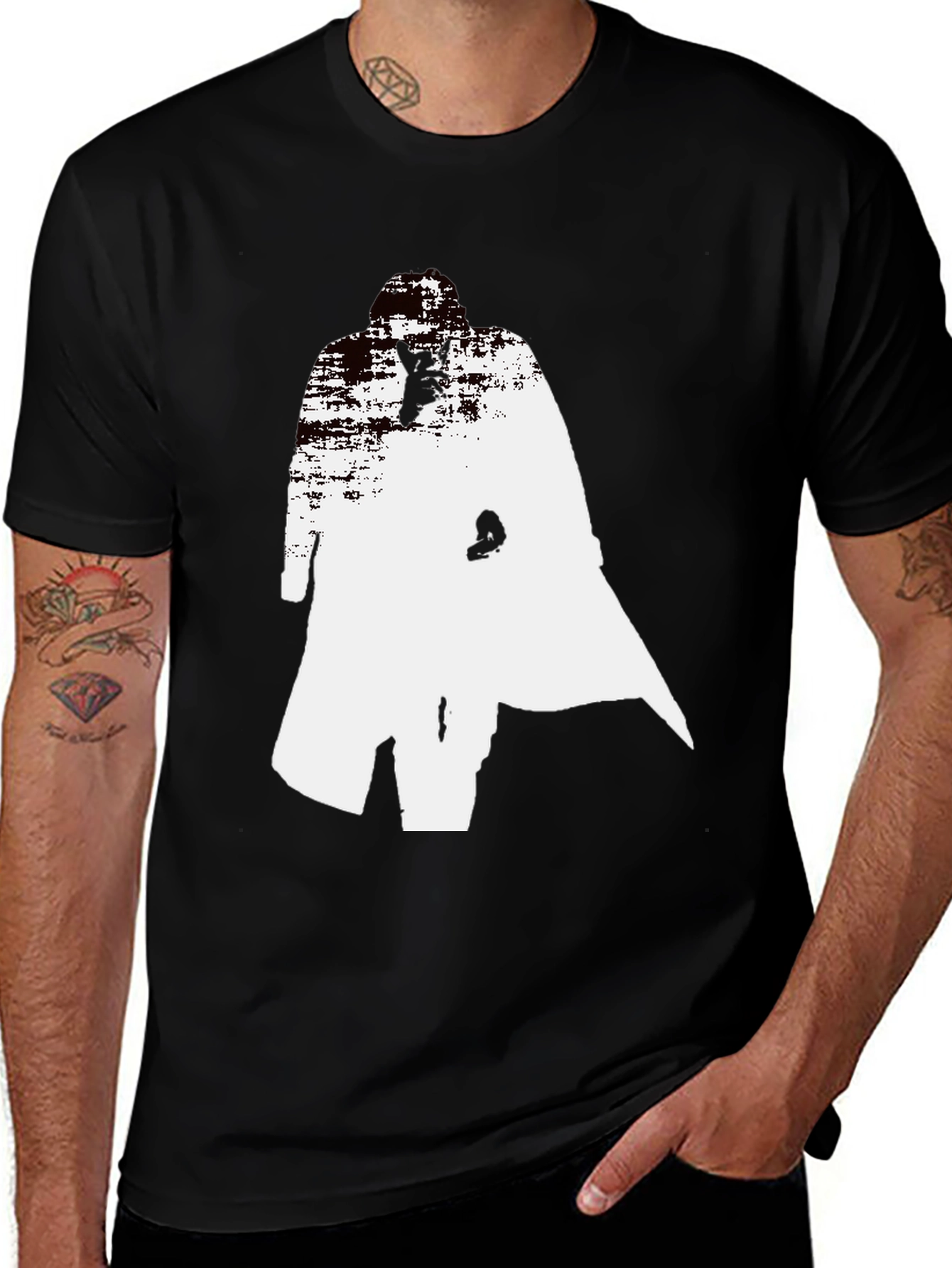 Abstract Trench Coat Graphic Tee - Stylish Black T-Shirt