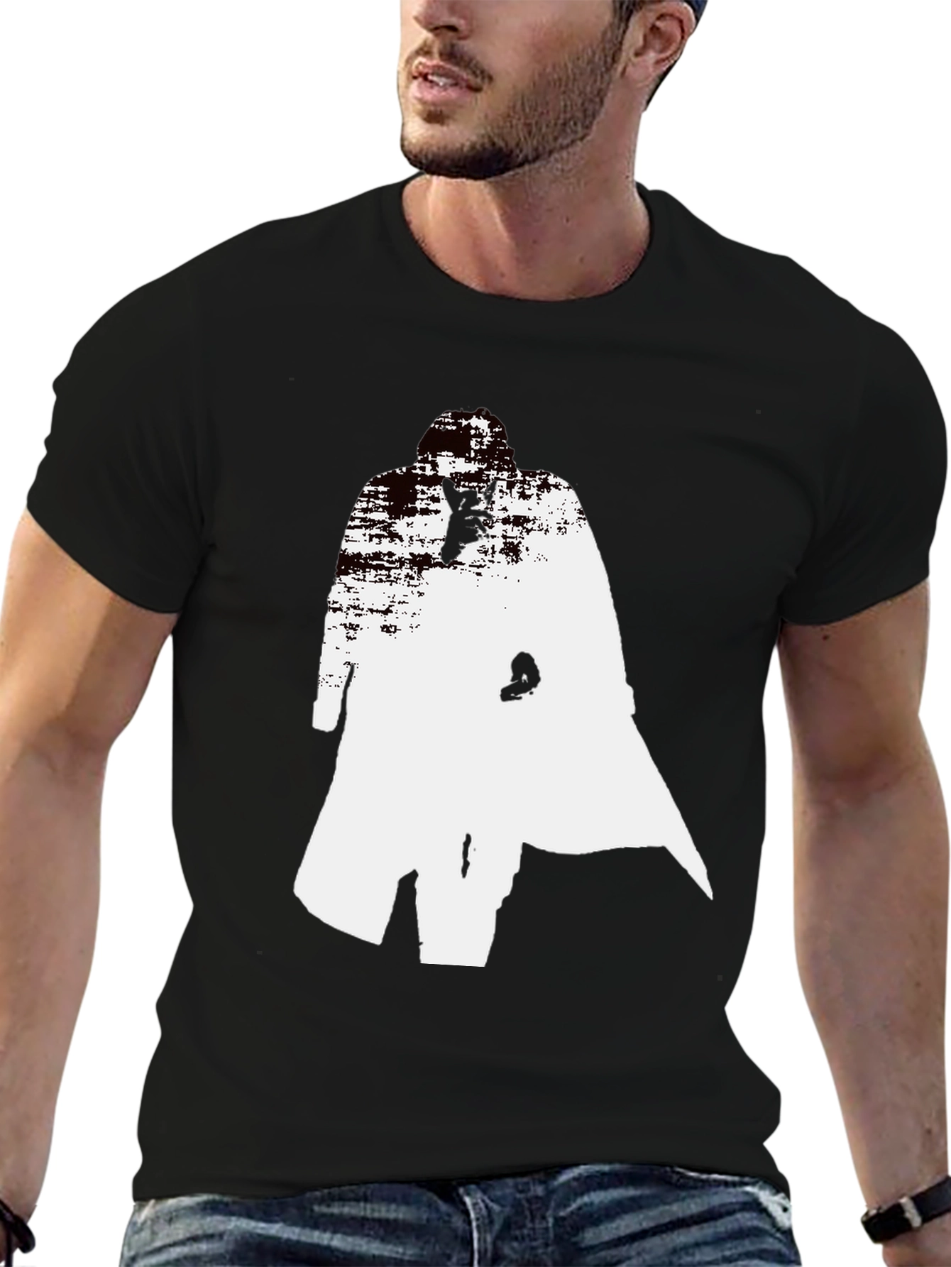 Abstract Trench Coat Graphic Tee - Stylish Black T-Shirt