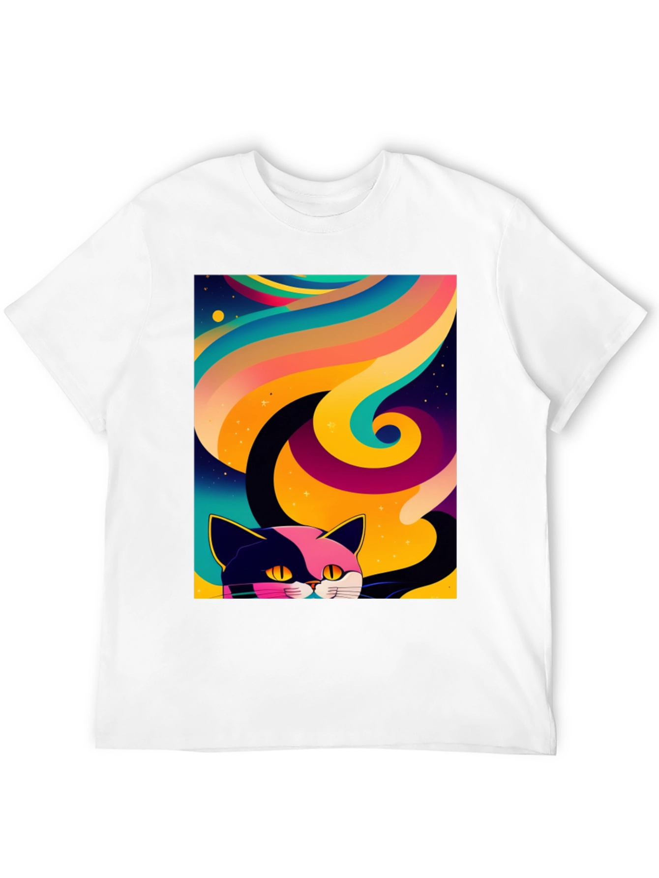 Psychedelic Cat Graphic Tee - Black Cotton Comfort