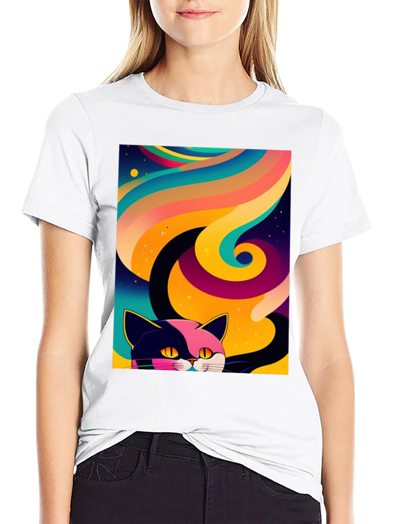 Psychedelic Cat Graphic Tee - Black Cotton Comfort