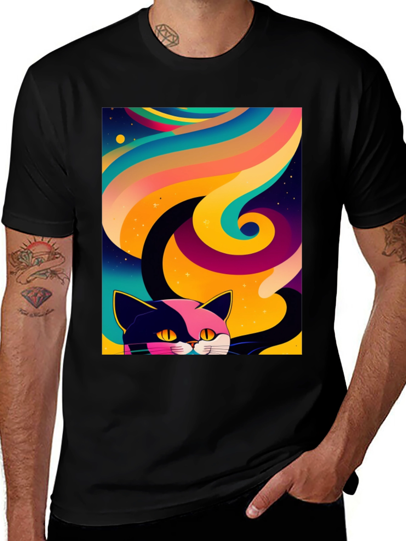 Psychedelic Cat Graphic Tee - Black Cotton Comfort