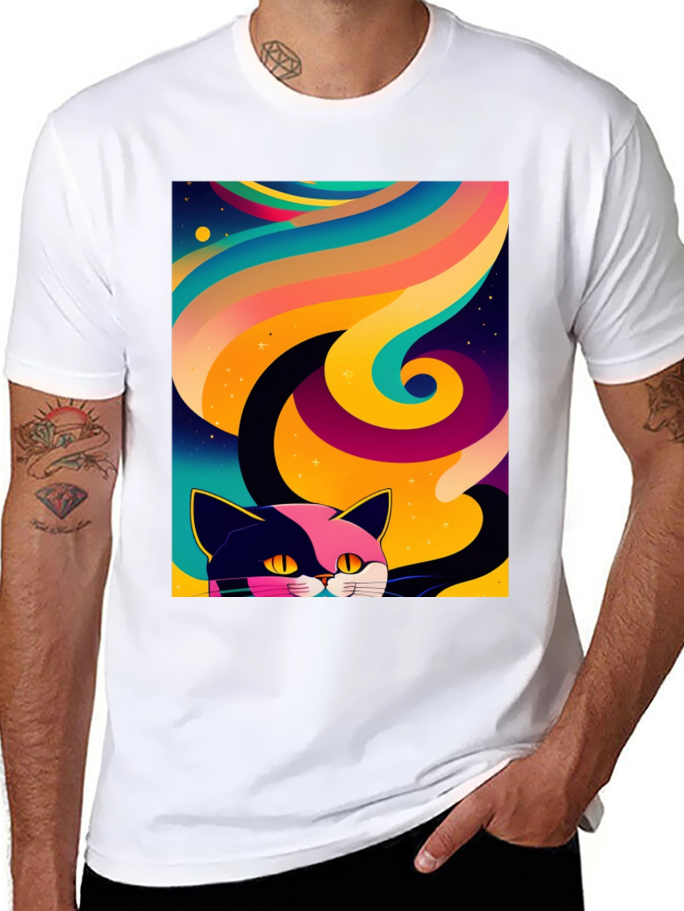 Psychedelic Cat Graphic Tee - Black Cotton Comfort