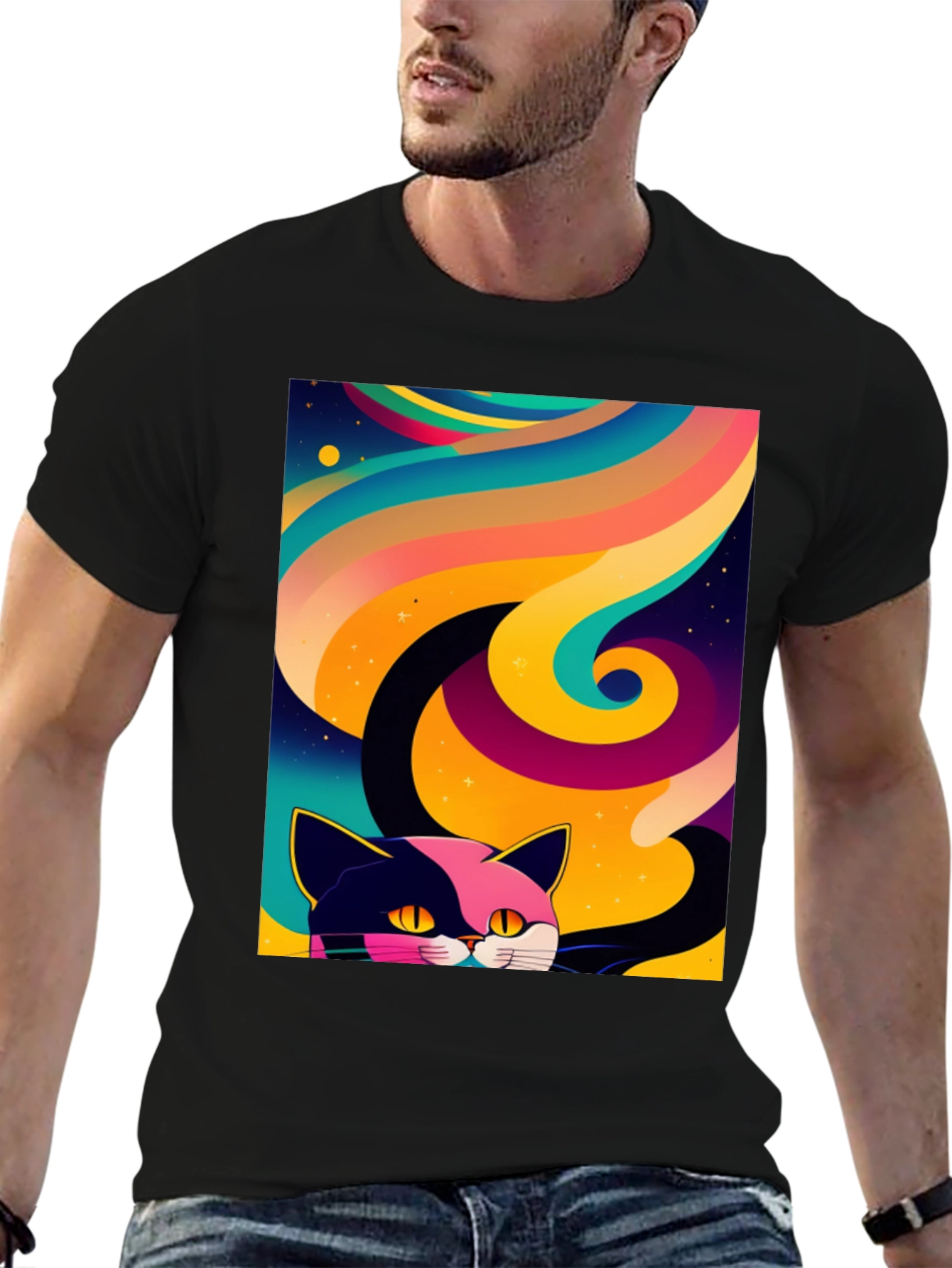 Psychedelic Cat Graphic Tee - Black Cotton Comfort