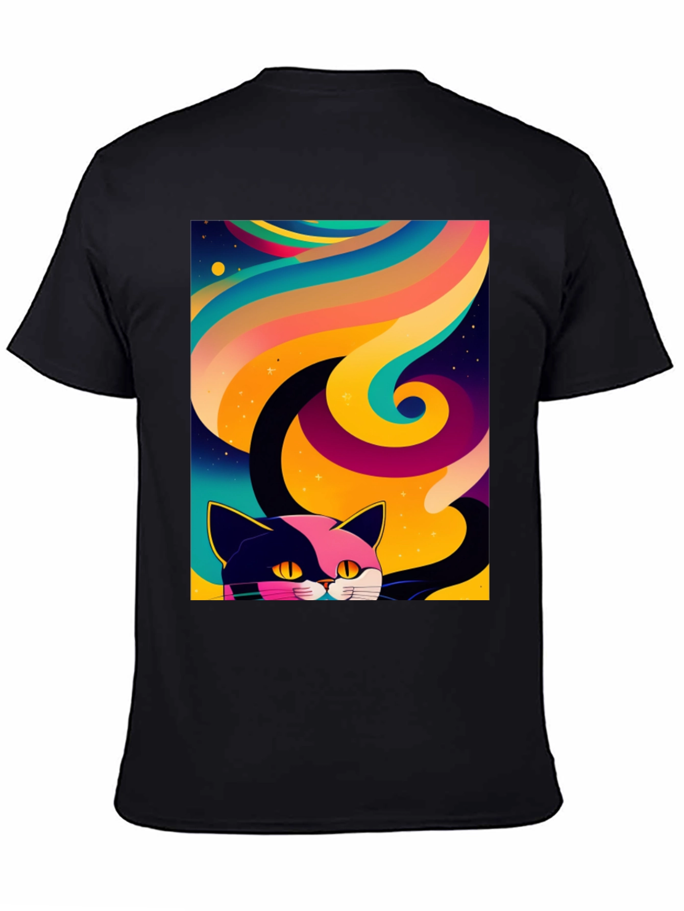 Psychedelic Cat Graphic Tee - Black Cotton Comfort