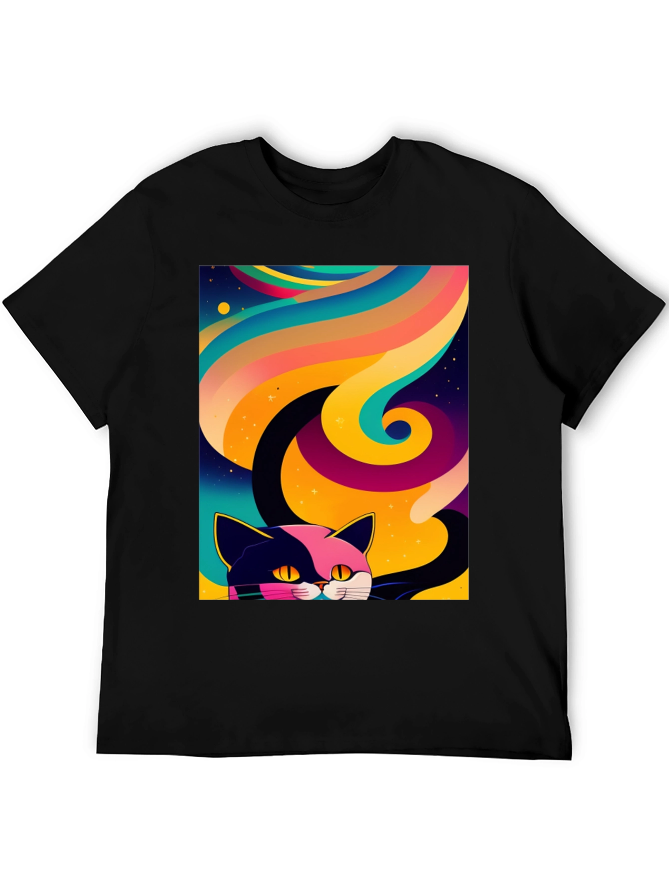 Psychedelic Cat Graphic Tee - Black Cotton Comfort
